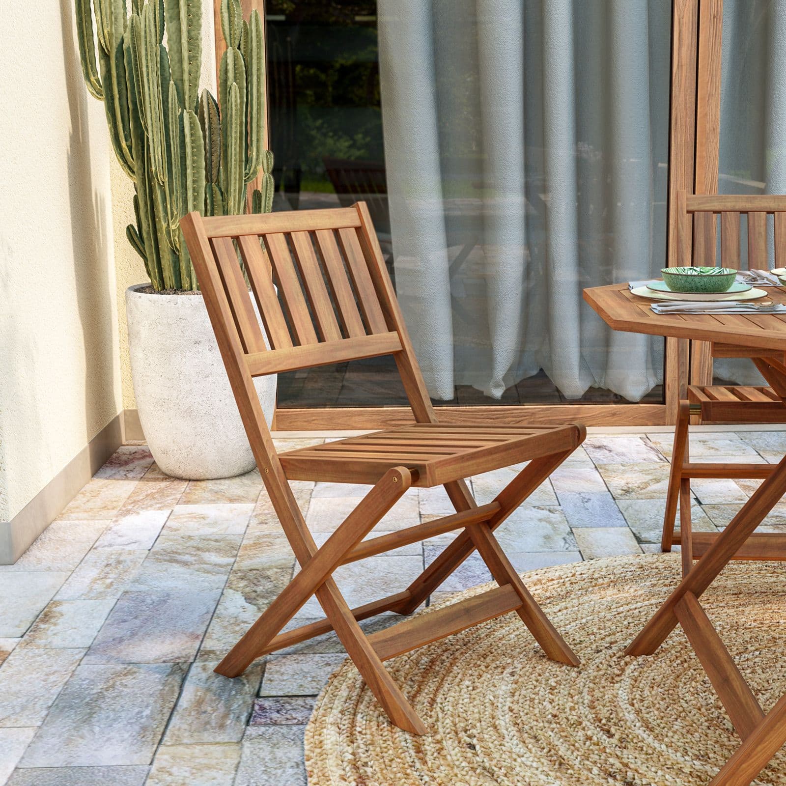 Set pranzo tavolo rotondo 100 cm e 4 sedie pieghevoli in legno di acacia - Paja