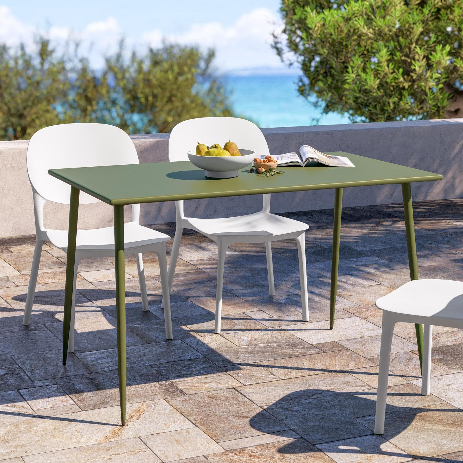 Set pranzo tavolo 120x70 cm in acciaio verde bosco e 4 sedie in polipropilene bianco - Paint