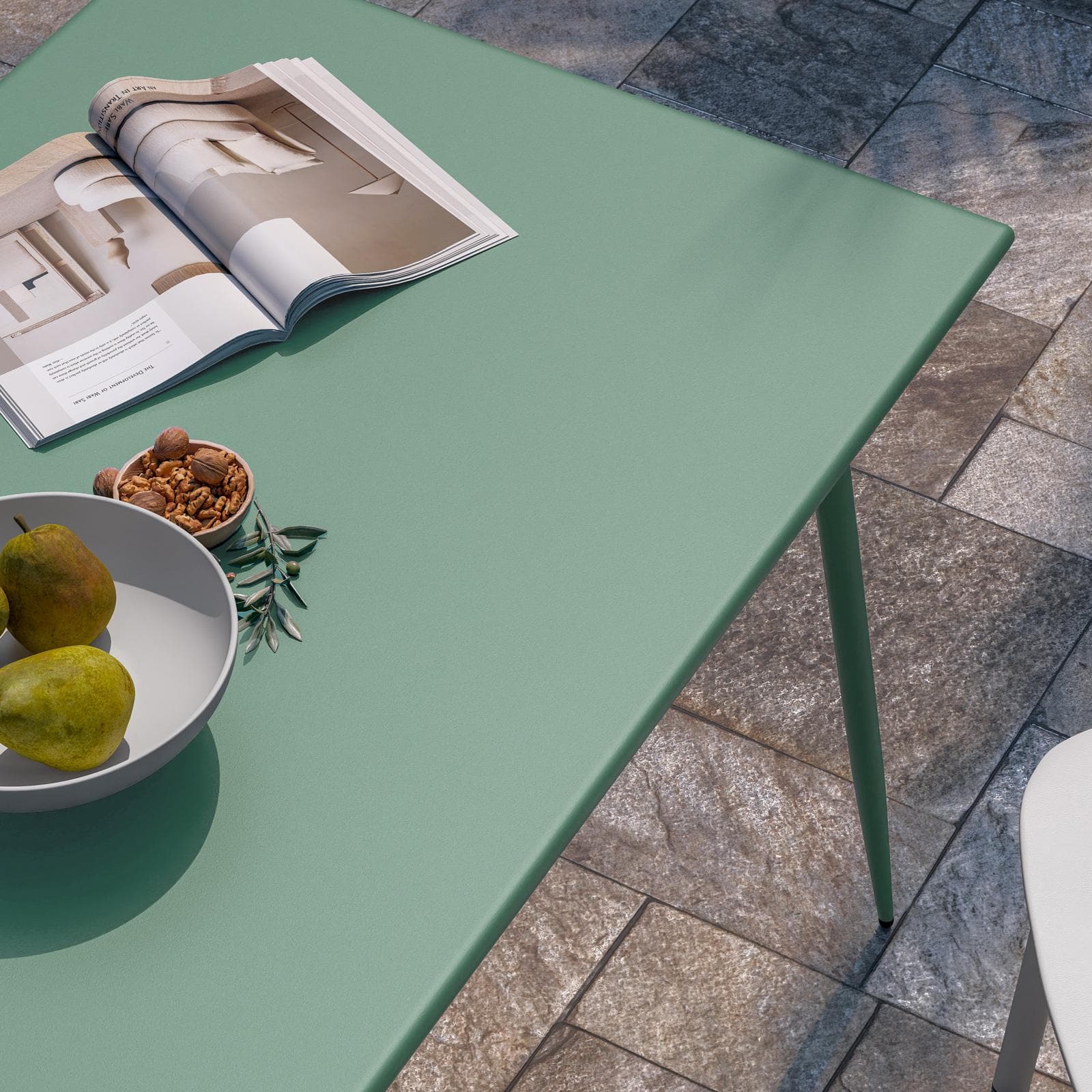 Set pranzo tavolo 120x70 cm in acciaio verde marino e 4 sedie in polipropilene bianco - Paint