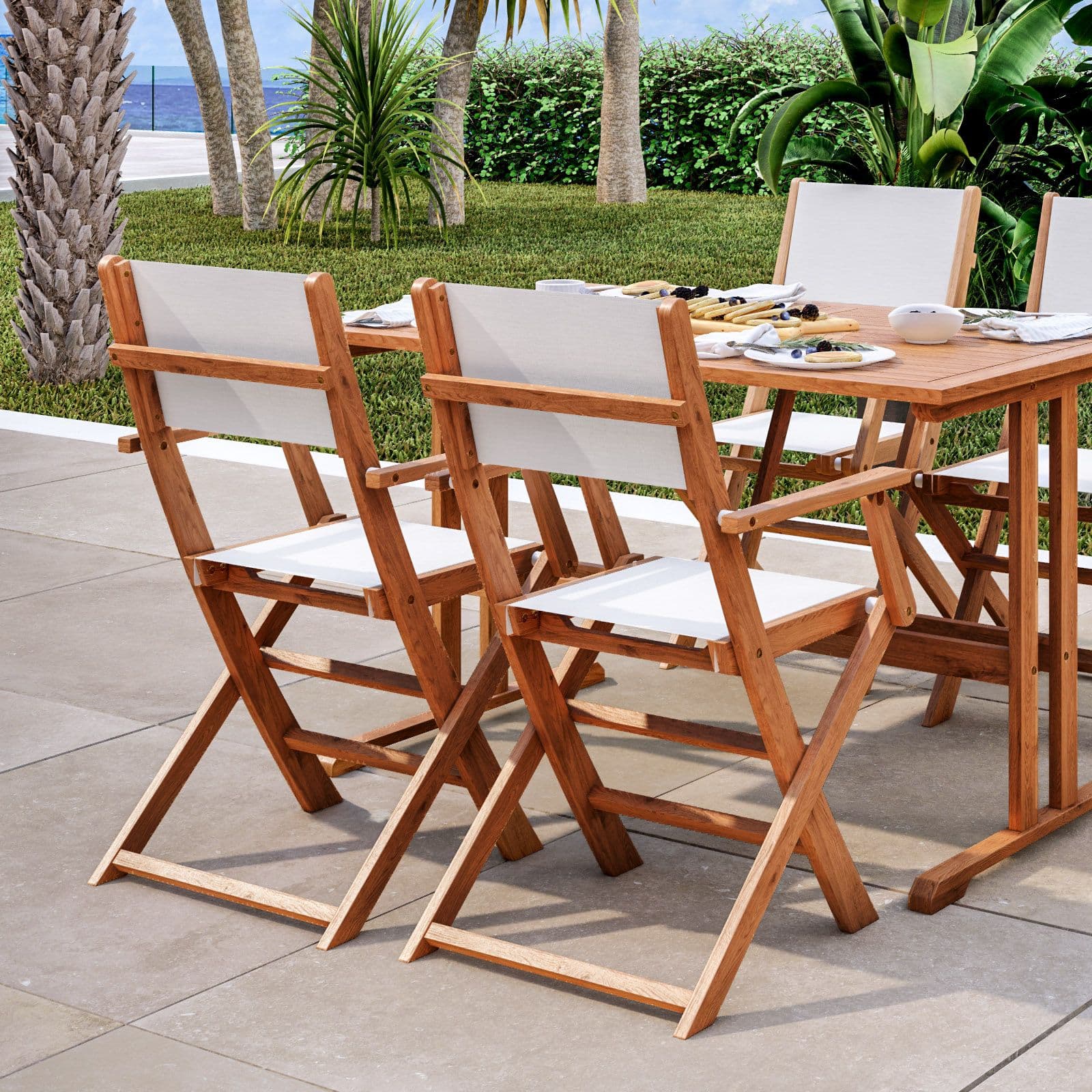 Set pranzo tavolo 125x80 cm e quattro poltrone pieghevoli in textilene bianco e legno di acacia - Aruba