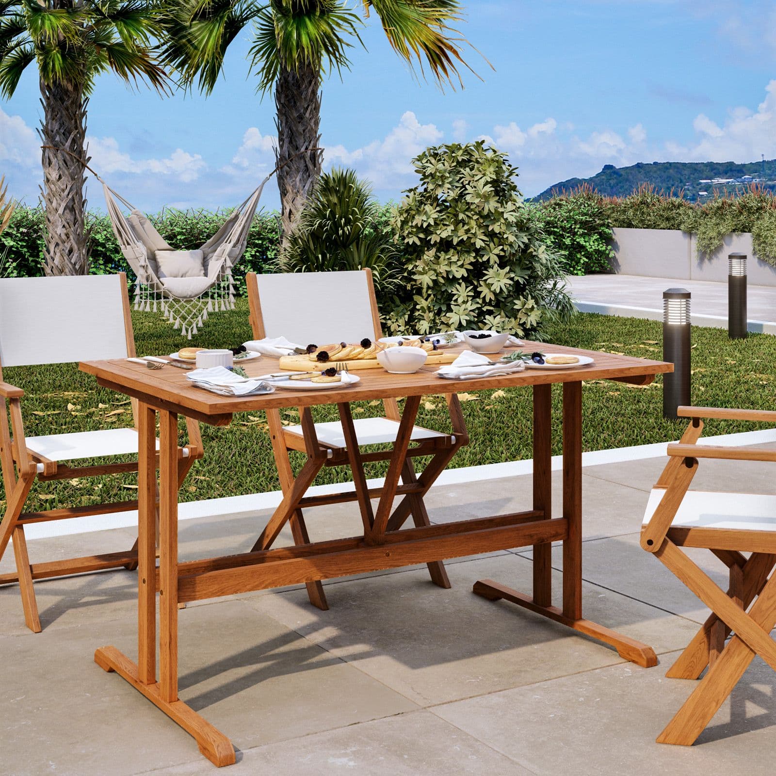 Set pranzo tavolo 125x80 cm e quattro poltrone pieghevoli in textilene bianco e legno di acacia - Aruba