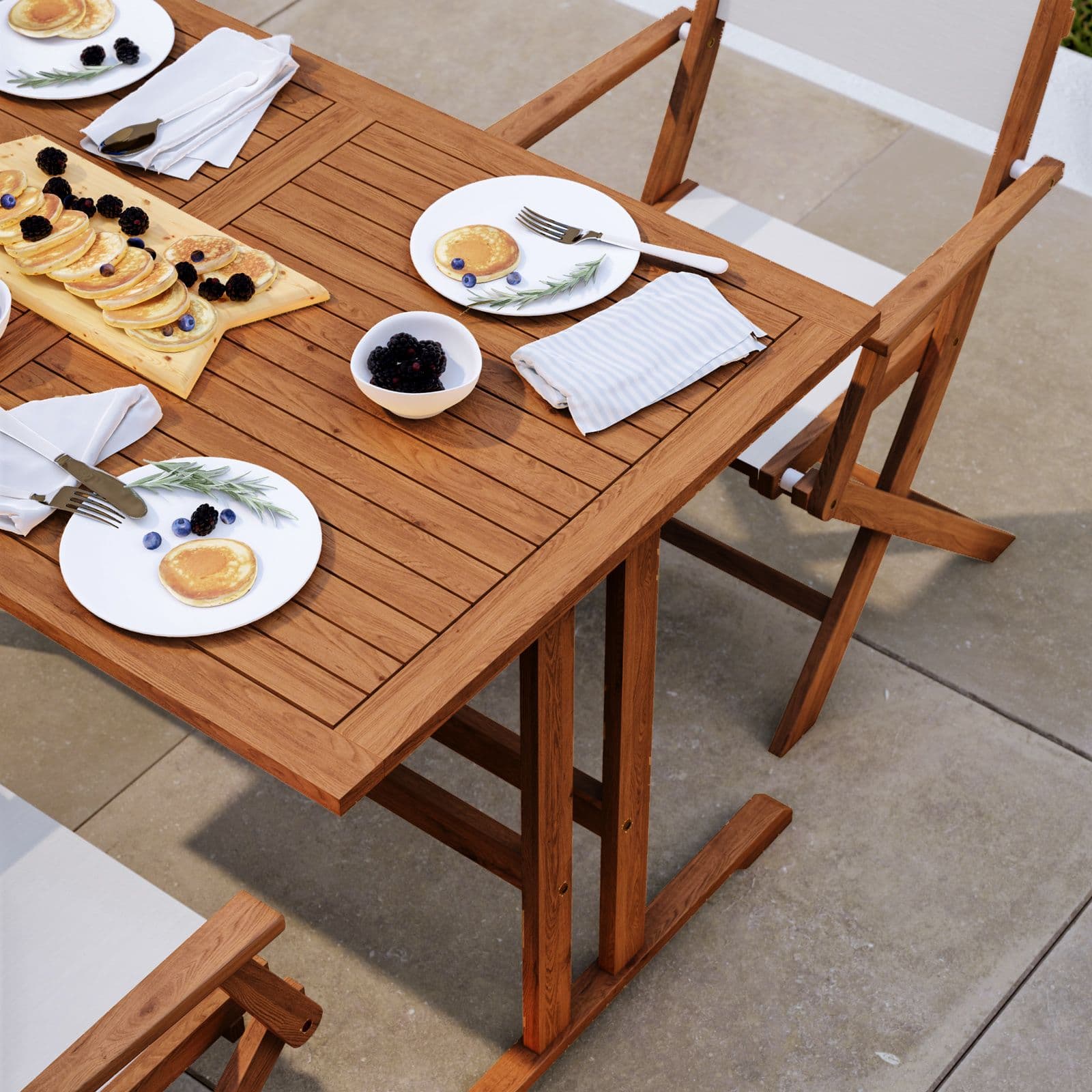 Set pranzo tavolo 125x80 cm e quattro poltrone pieghevoli in textilene bianco e legno di acacia - Aruba