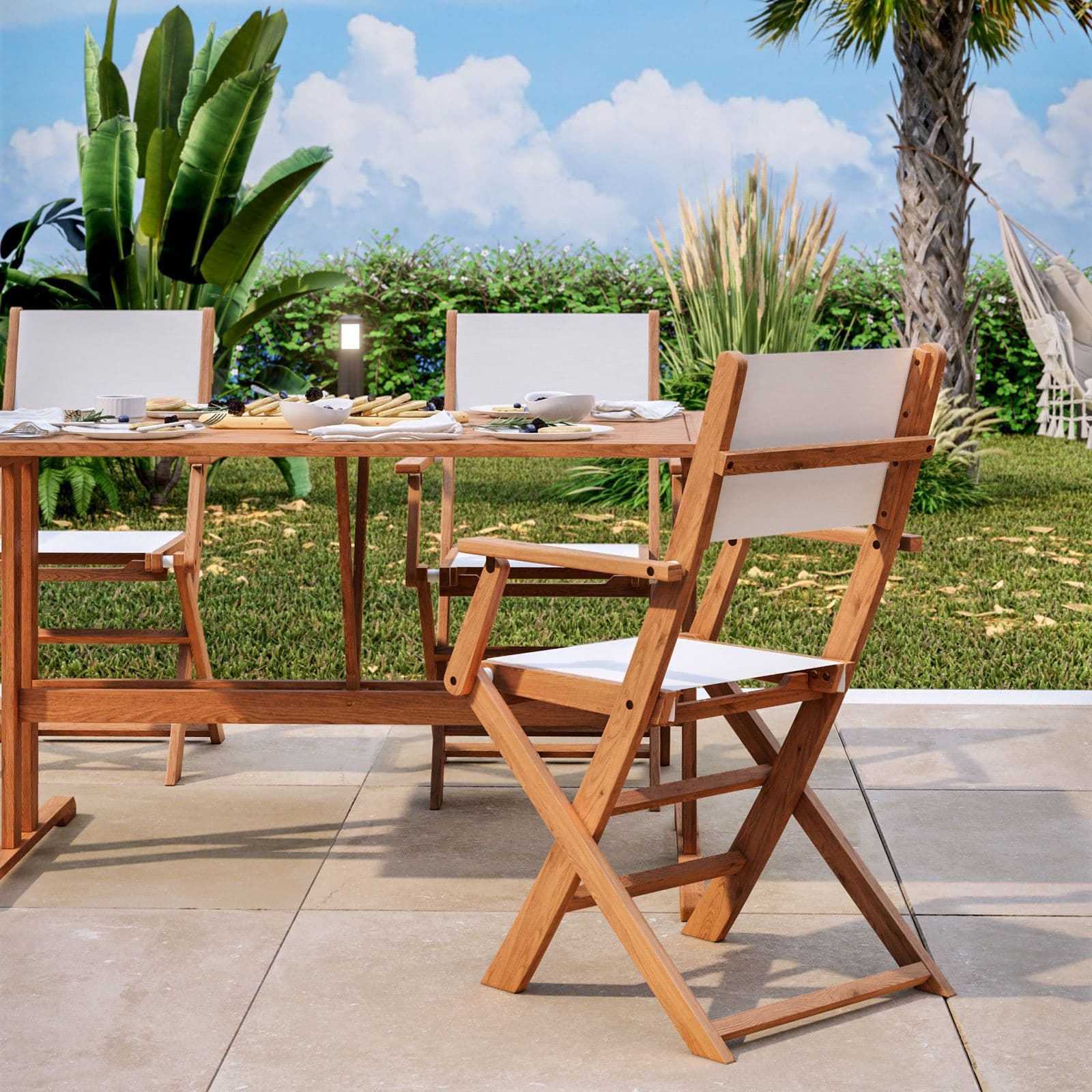 Set pranzo tavolo 125x80 cm e quattro poltrone pieghevoli in textilene bianco e legno di acacia - Aruba