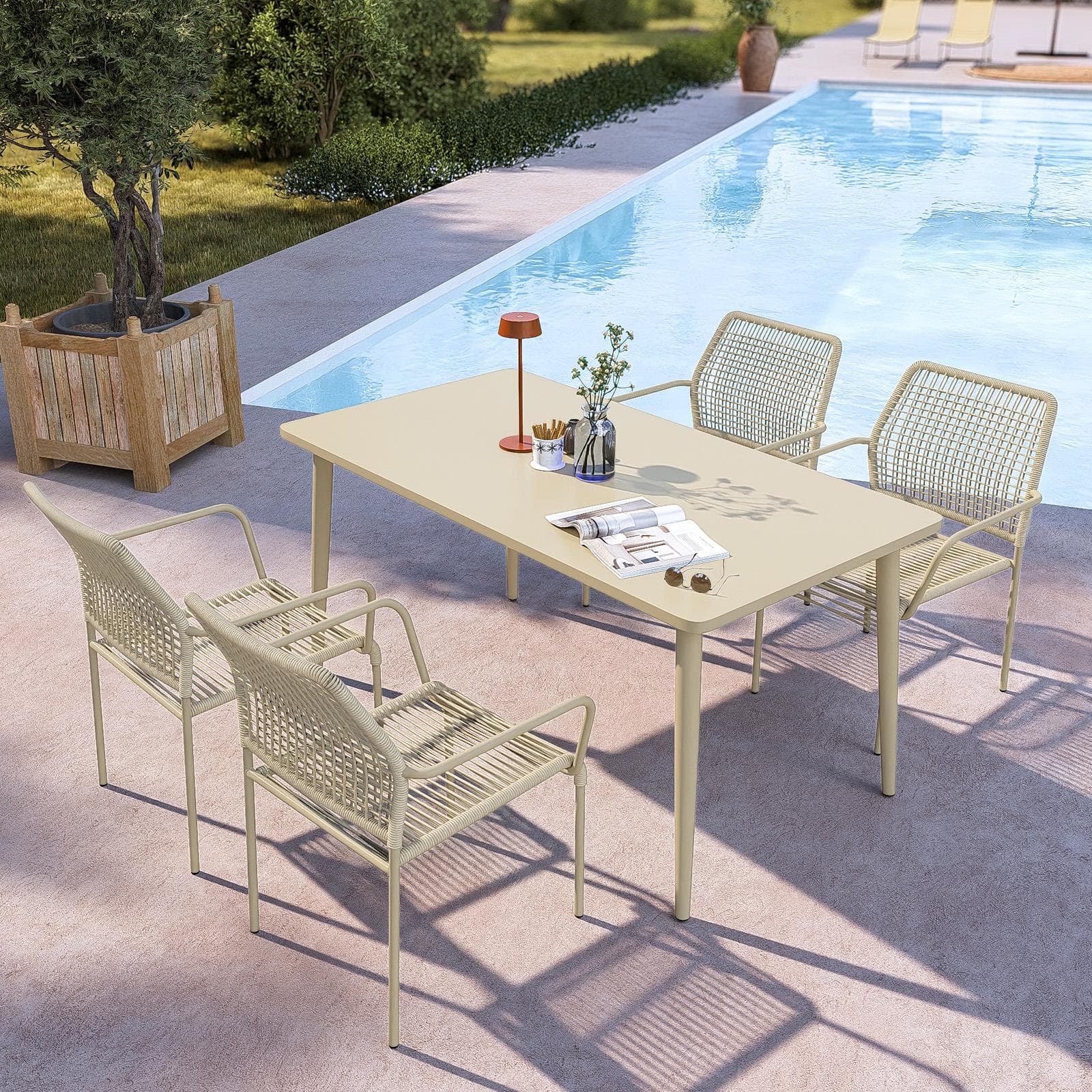 Set pranzo tavolo 150x80 cm e 4 sedie con braccioli in corda beige - Levanto