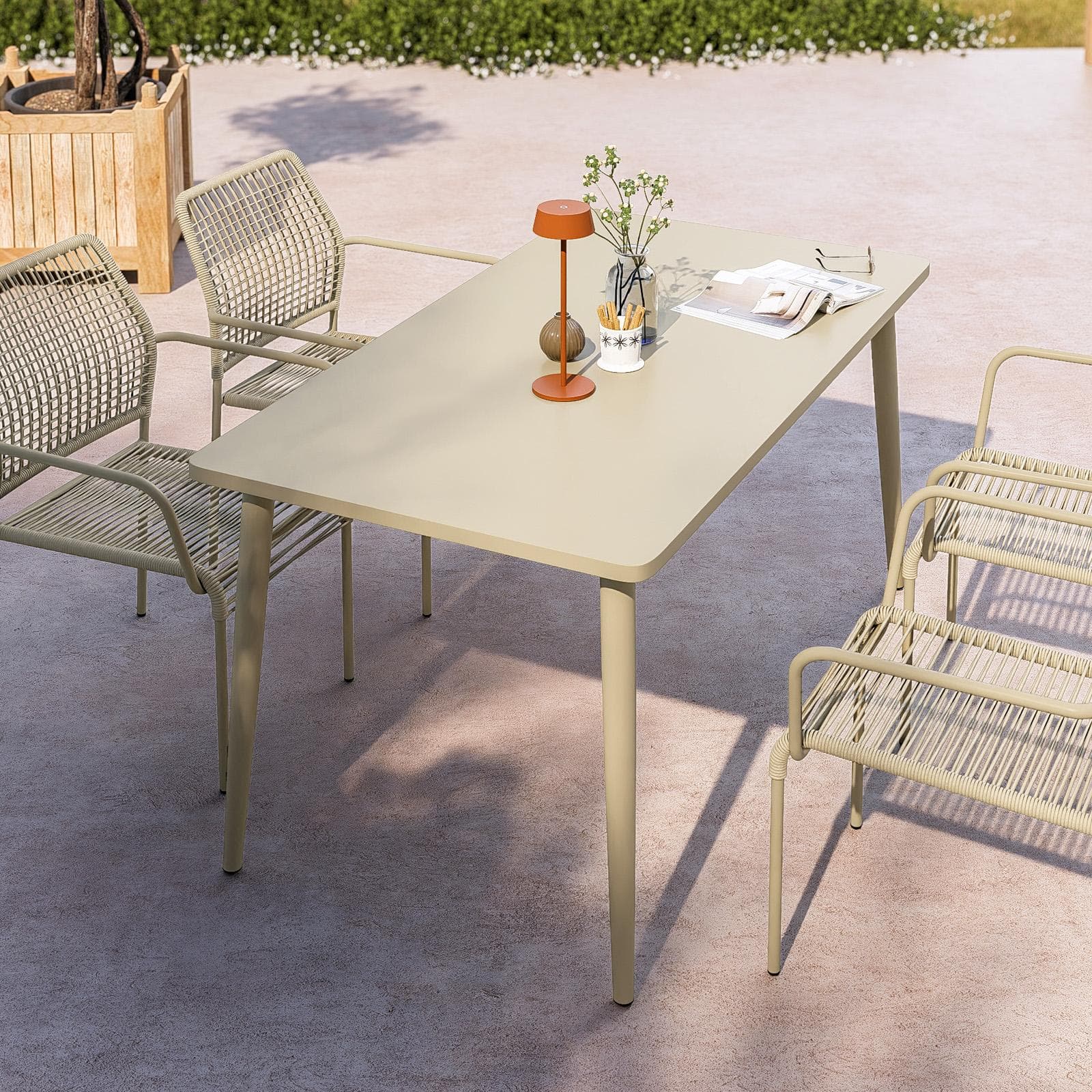 Set pranzo tavolo 150x80 cm e 4 sedie con braccioli in corda beige - Levanto