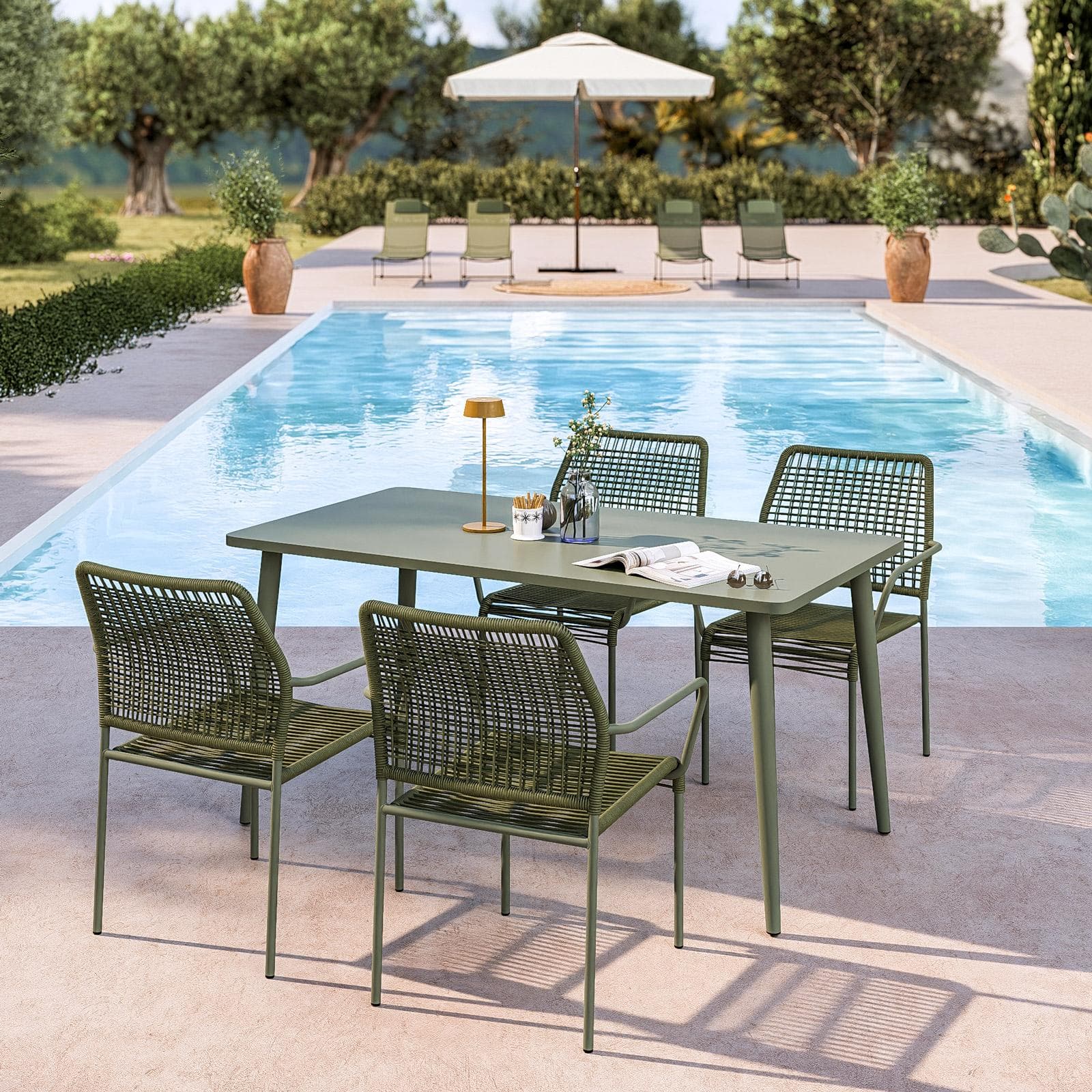 Set pranzo tavolo 150x80 cm e 4 sedie con braccioli in corda verde - Levanto