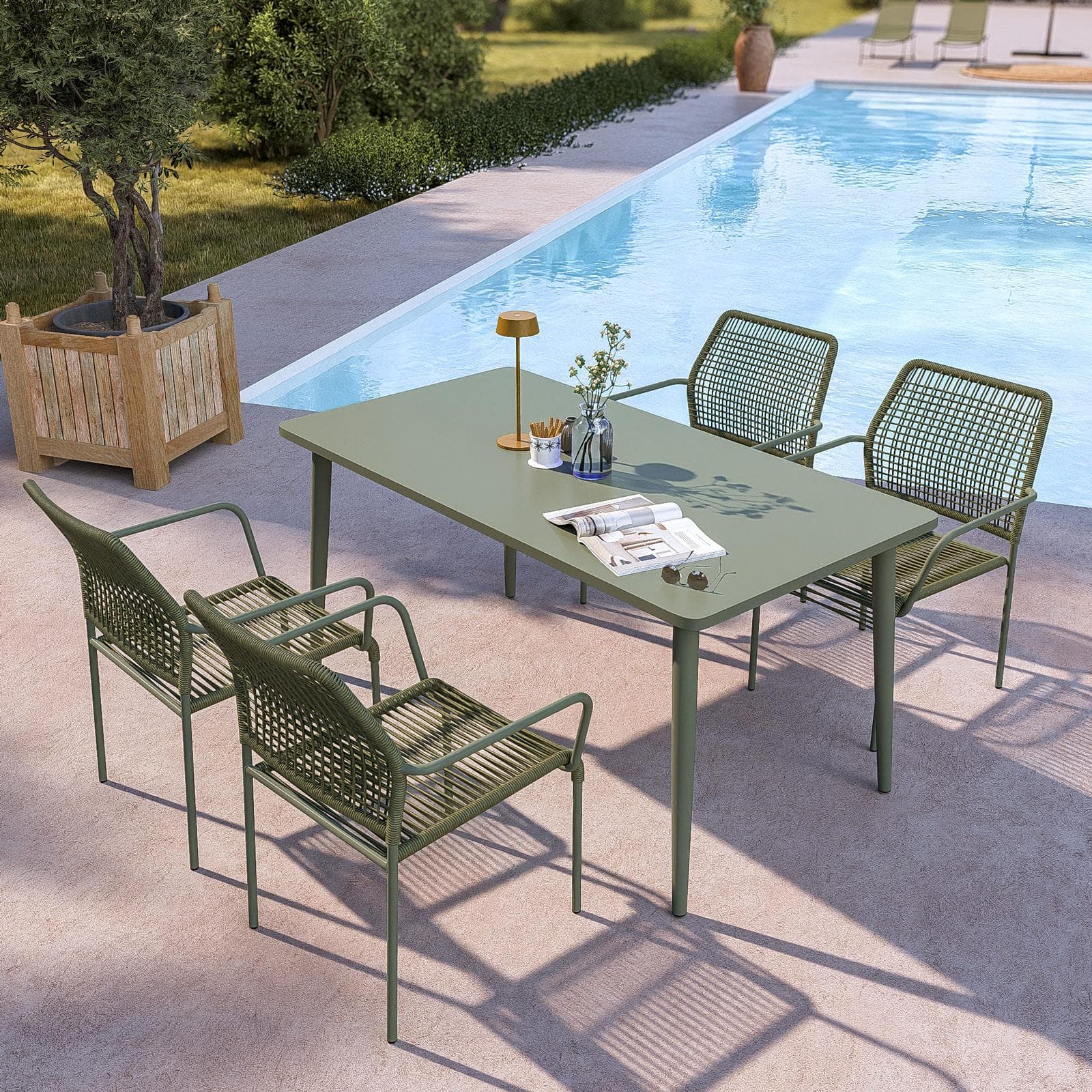 Set pranzo tavolo 150x80 cm e 4 sedie con braccioli in corda verde - Levanto