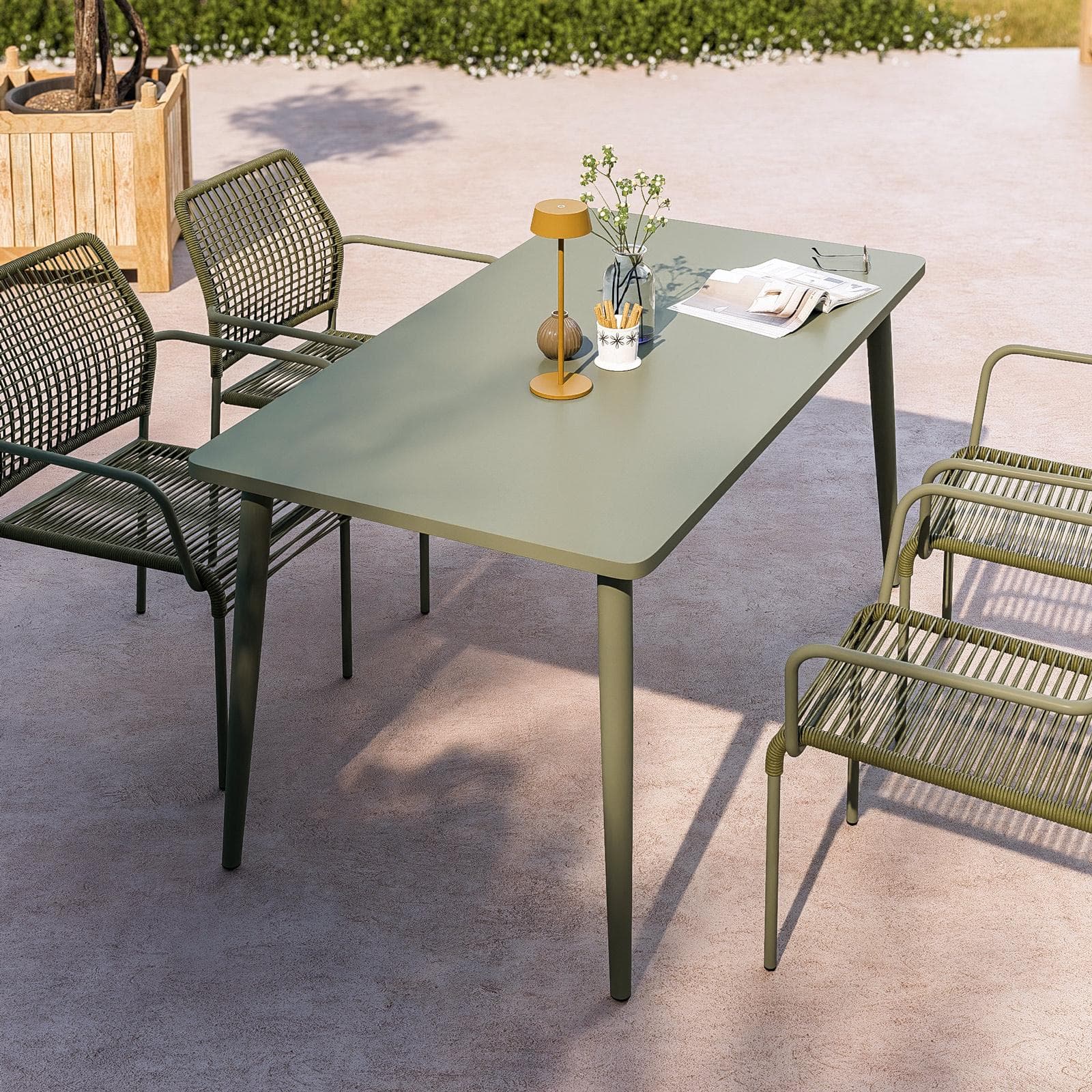 Set pranzo tavolo 150x80 cm e 4 sedie con braccioli in corda verde - Levanto