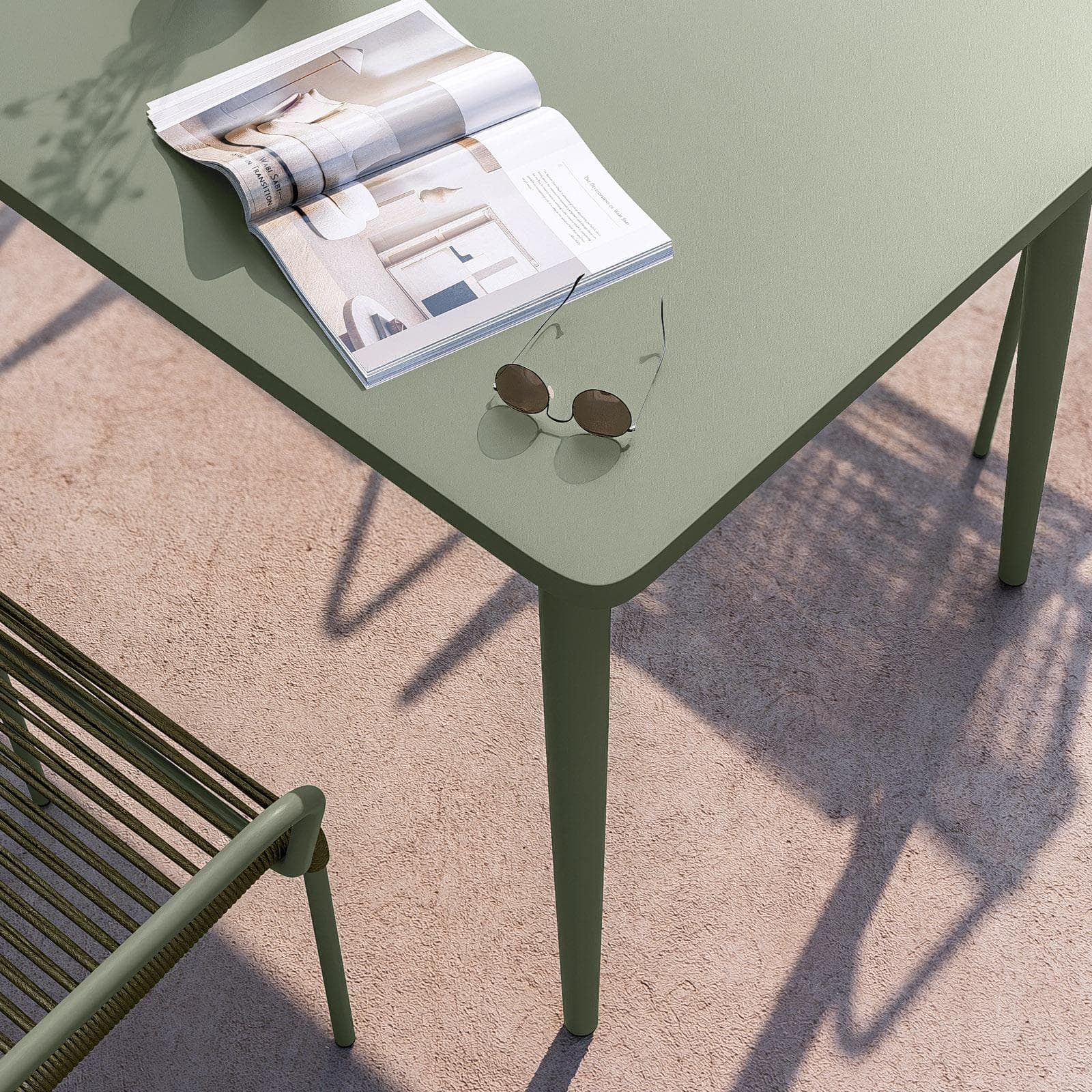 Set pranzo tavolo 150x80 cm e 4 sedie con braccioli in corda verde - Levanto