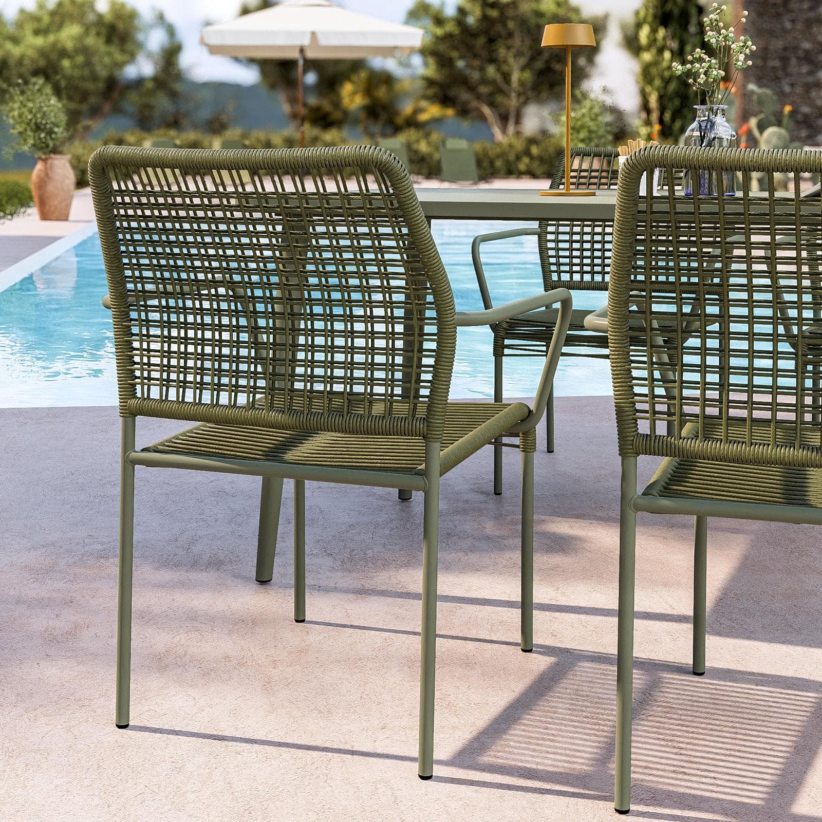 Set pranzo tavolo 150x80 cm e 4 sedie con braccioli in corda verde - Levanto