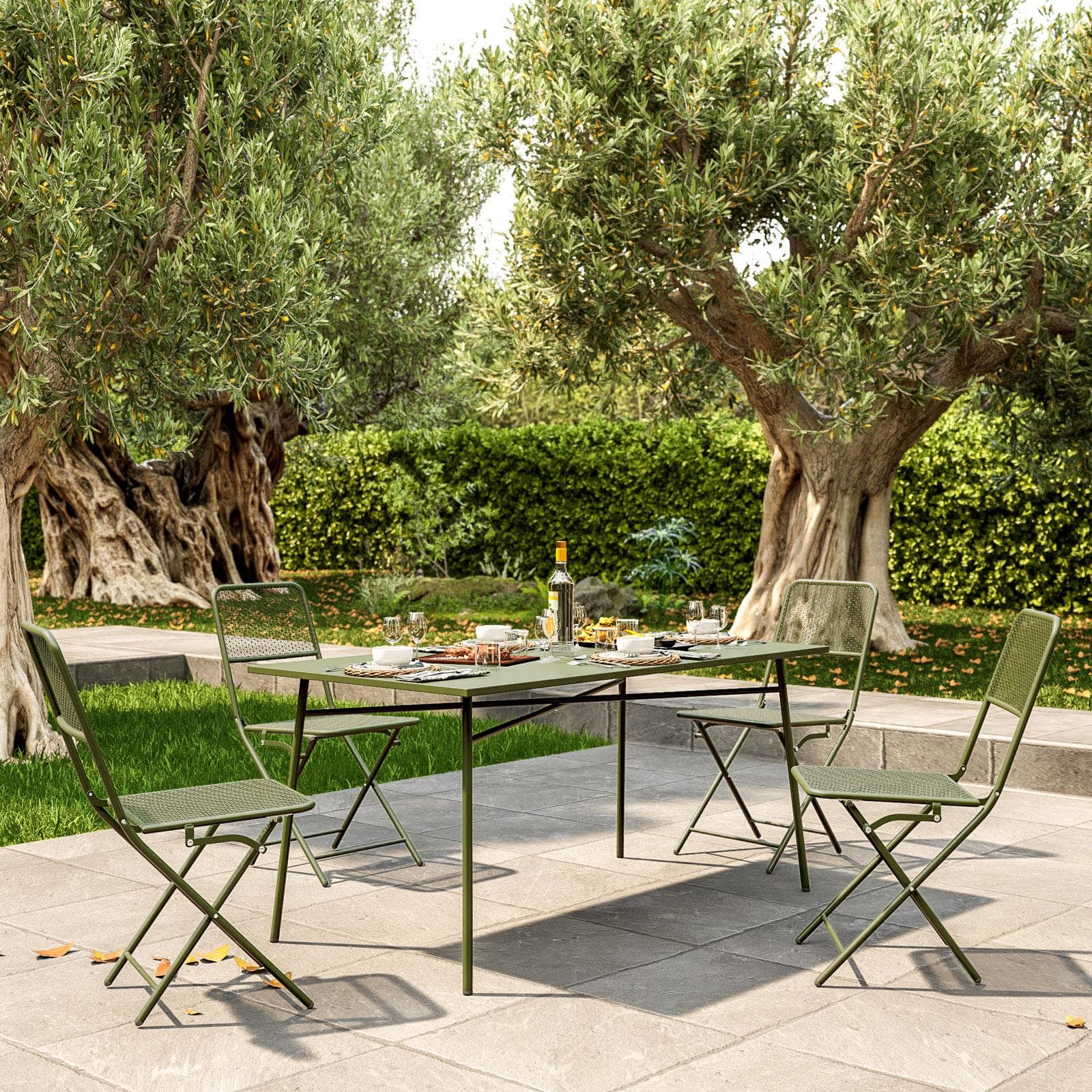 Set pranzo con tavolo 150x80 cm e 4 sedie pieghevoli in acciaio verde oliva - Faber