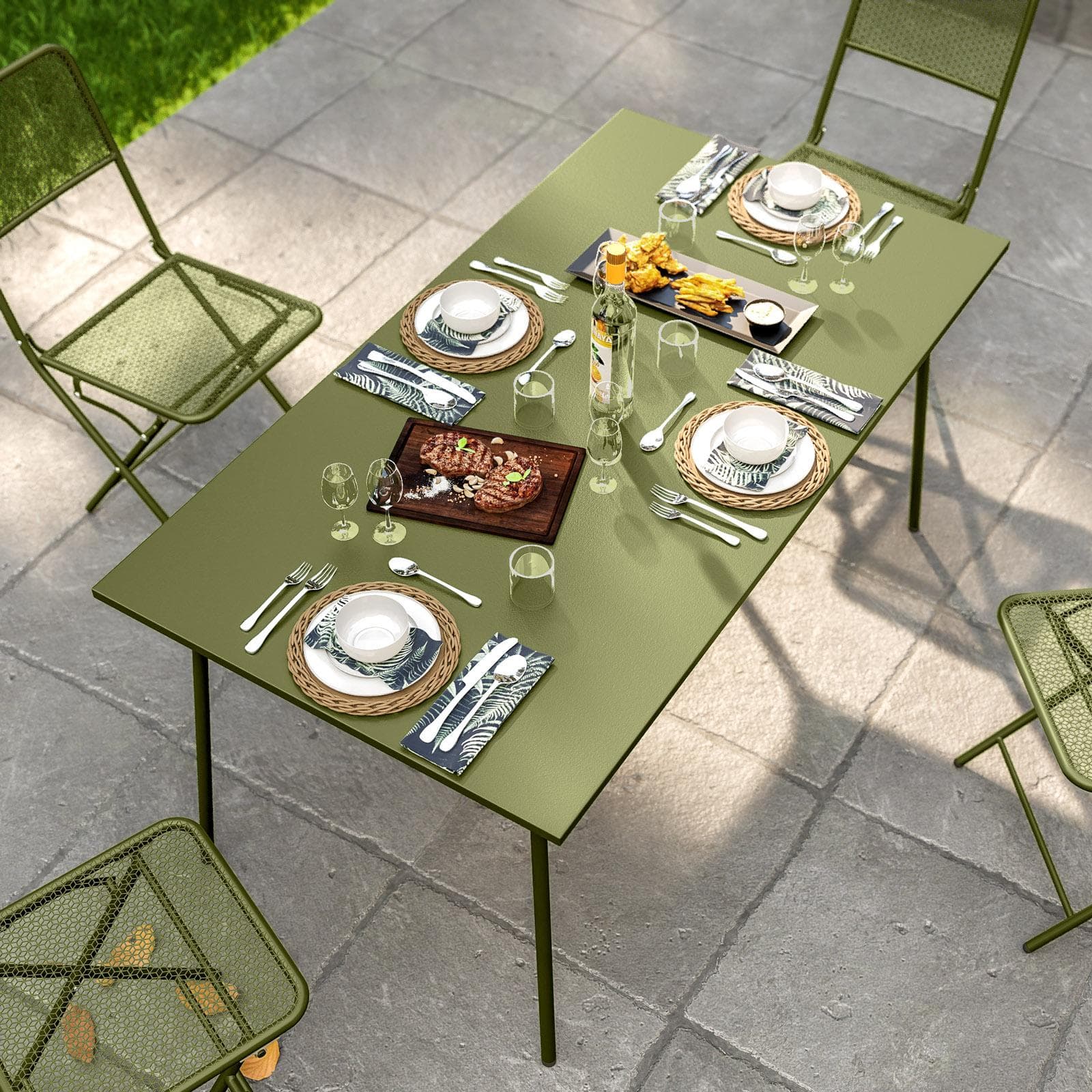Set pranzo con tavolo 150x80 cm e 4 sedie pieghevoli in acciaio verde oliva - Faber