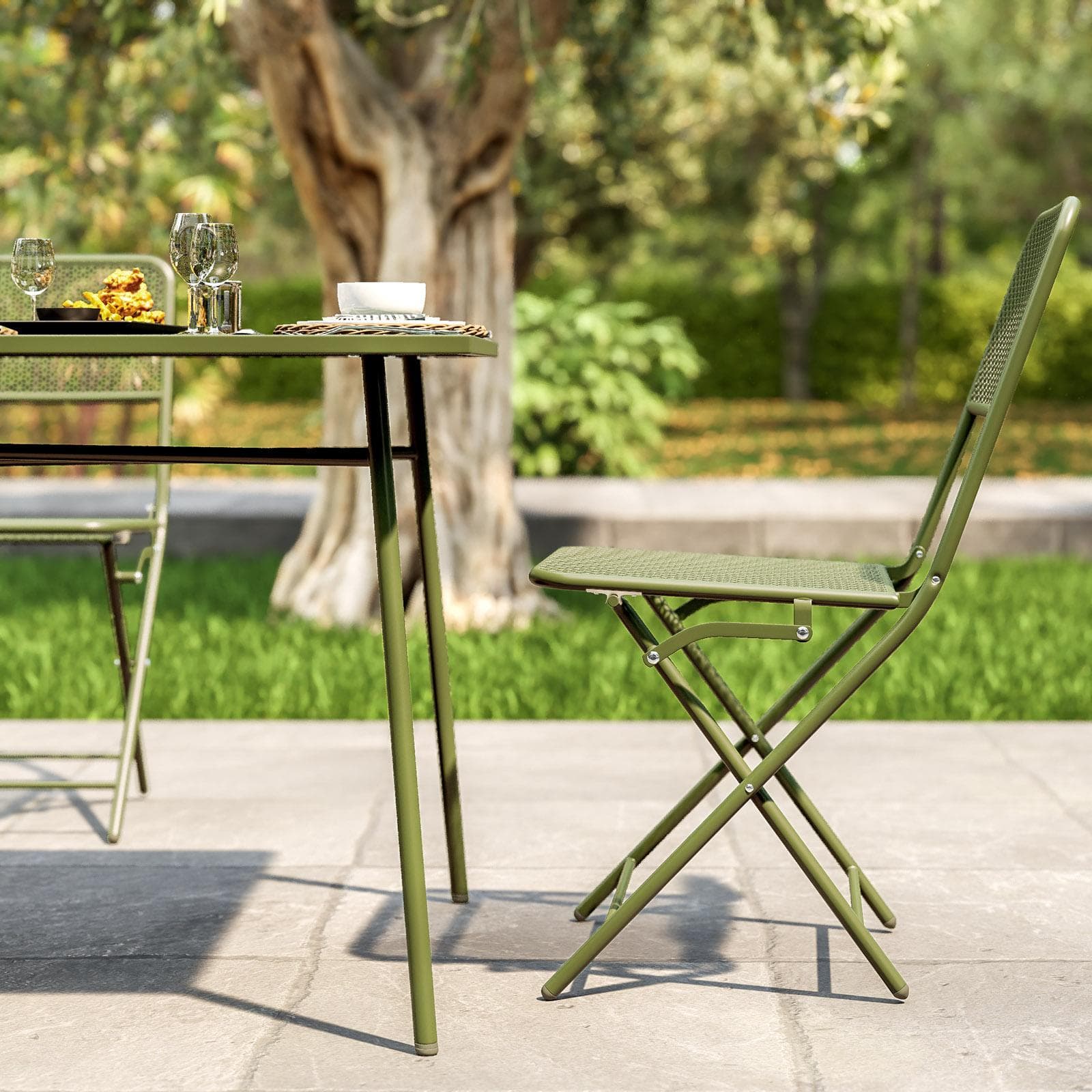Set pranzo con tavolo 150x80 cm e 4 sedie pieghevoli in acciaio verde oliva - Faber