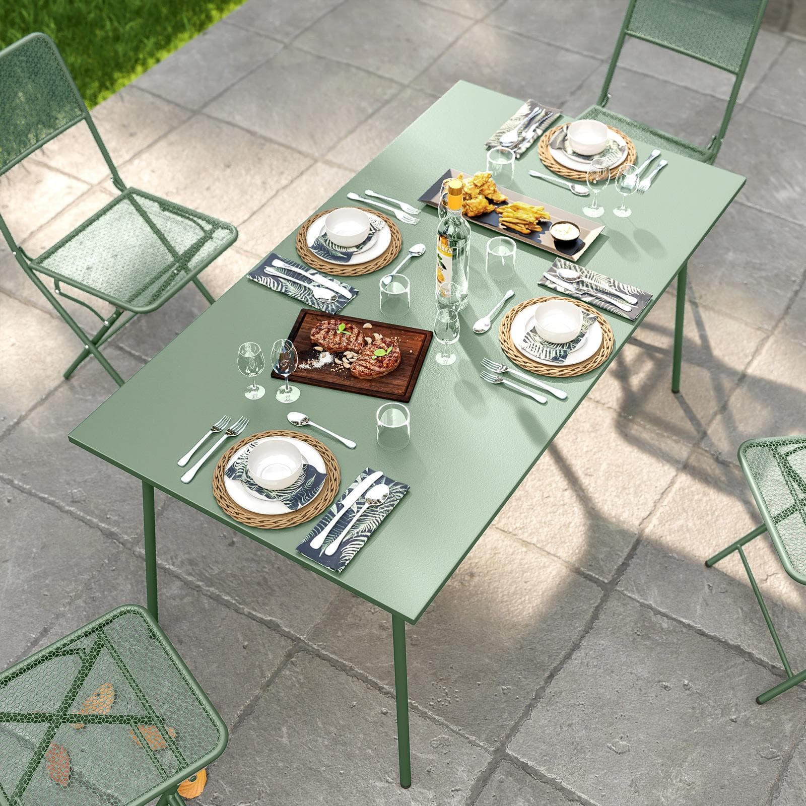 Set pranzo con tavolo 150x80 cm e 4 sedie pieghevoli in acciaio verde marino - Faber