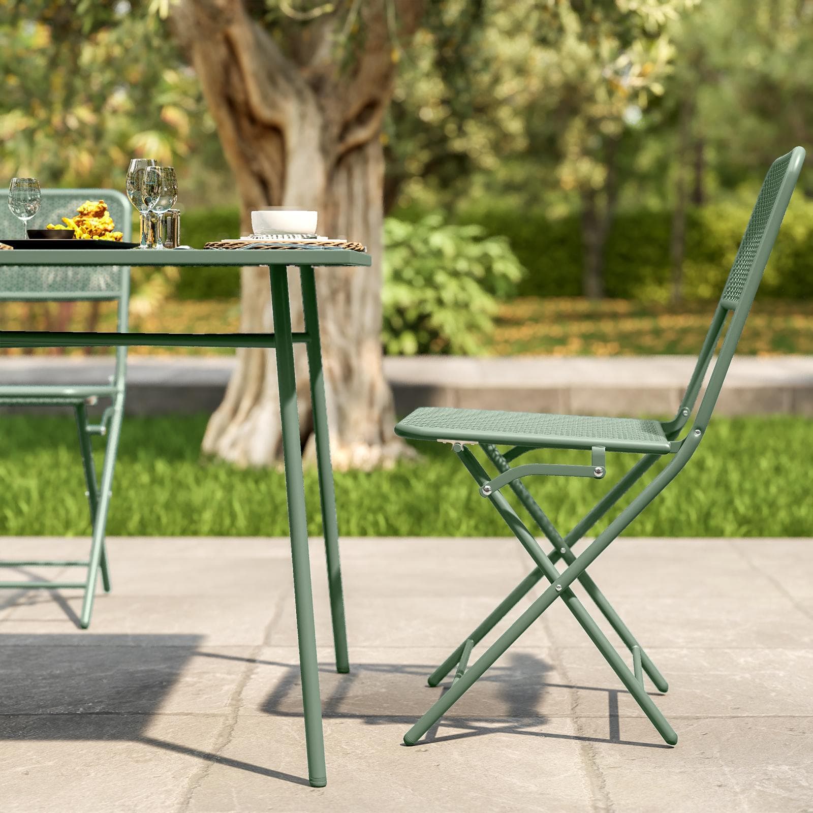 Set pranzo con tavolo 150x80 cm e 4 sedie pieghevoli in acciaio verde marino - Faber