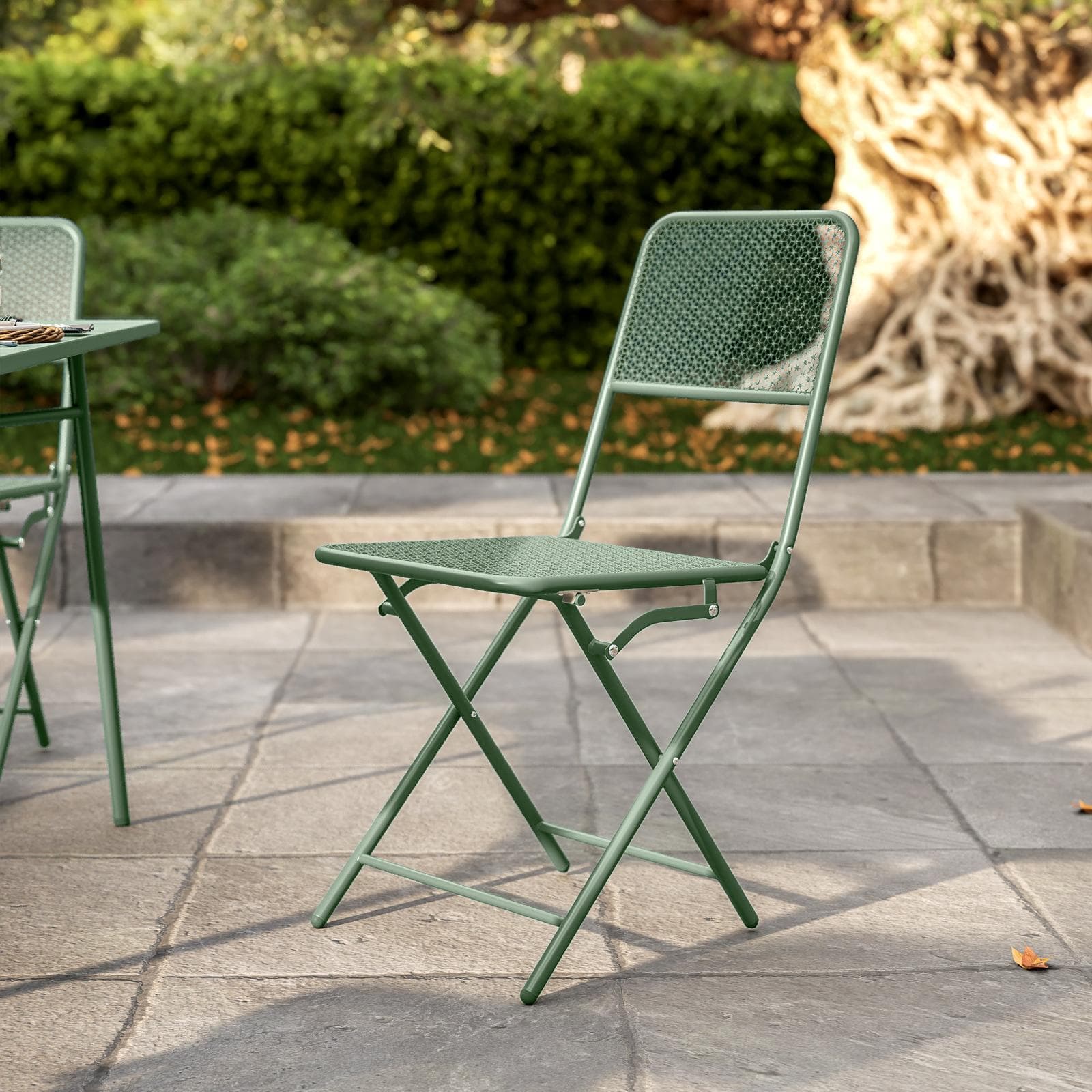 Set pranzo con tavolo 150x80 cm e 4 sedie pieghevoli in acciaio verde marino - Faber