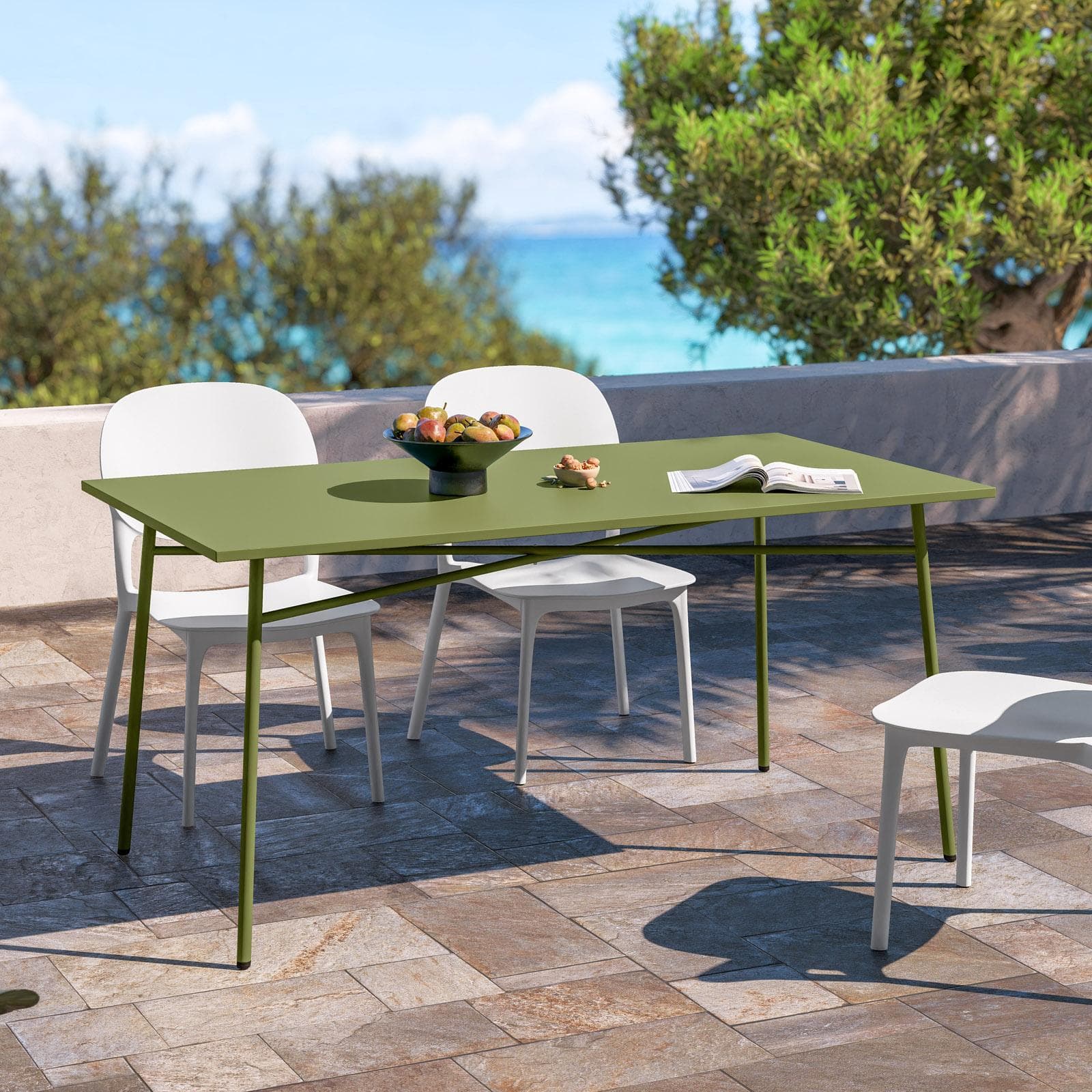 Set pranzo tavolo 150x80 cm in acciaio verde bosco e 4 sedie in polipropilene bianco - Paint