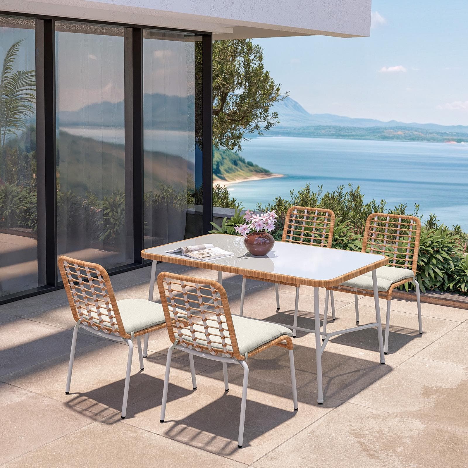 Set pranzo tavolo 150x90 cm e 4 sedie in acciaio bianco e polyrattan naturale - Griel