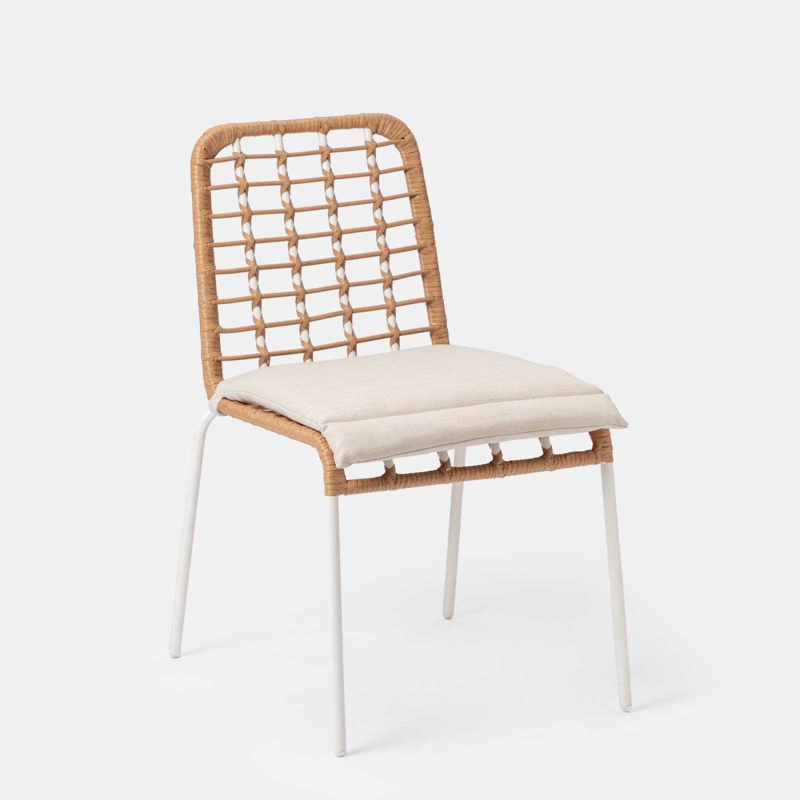 Set pranzo tavolo 150x90 cm e 4 sedie in acciaio bianco e polyrattan naturale - Griel