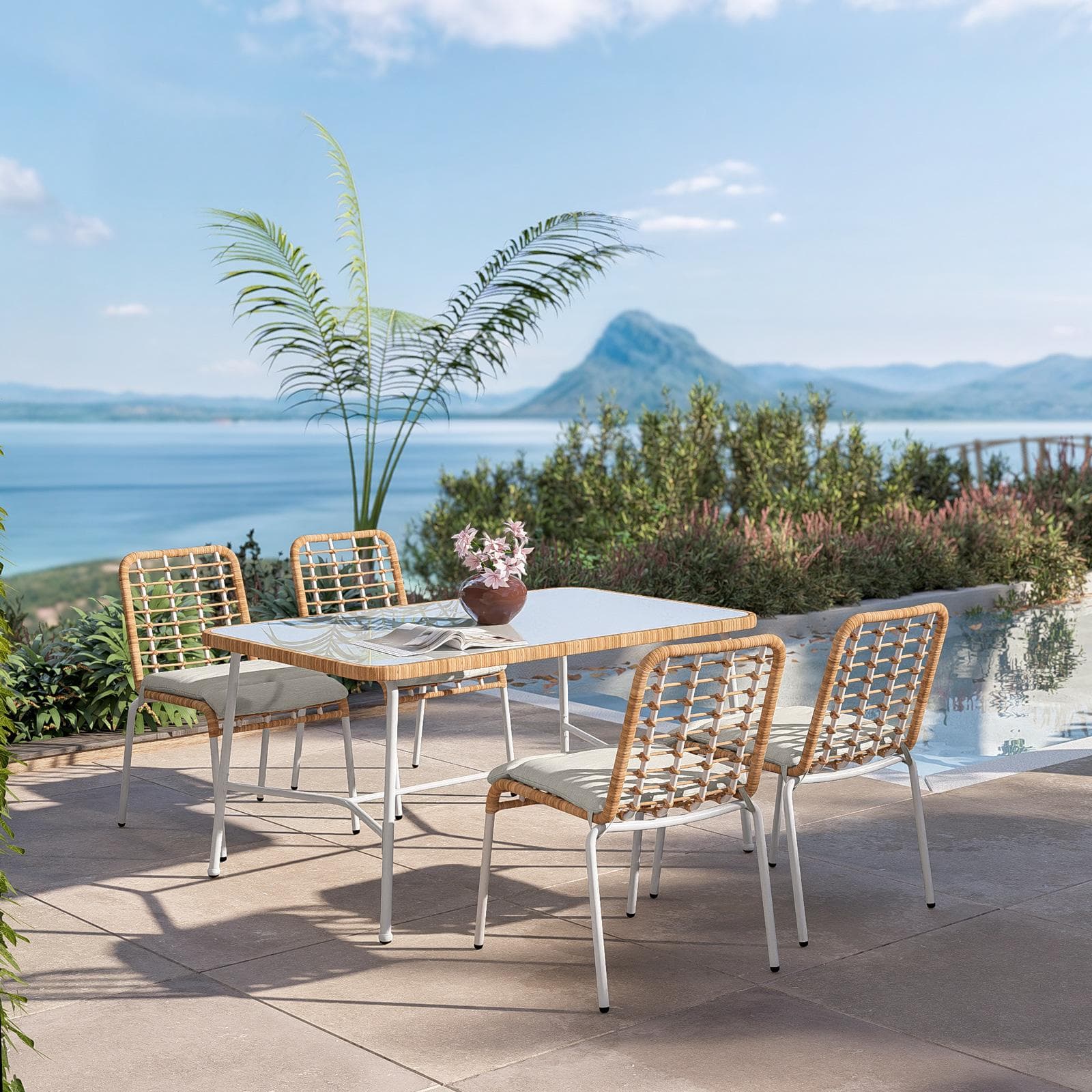 Set pranzo tavolo 150x90 cm e 4 sedie in acciaio bianco e polyrattan naturale - Griel