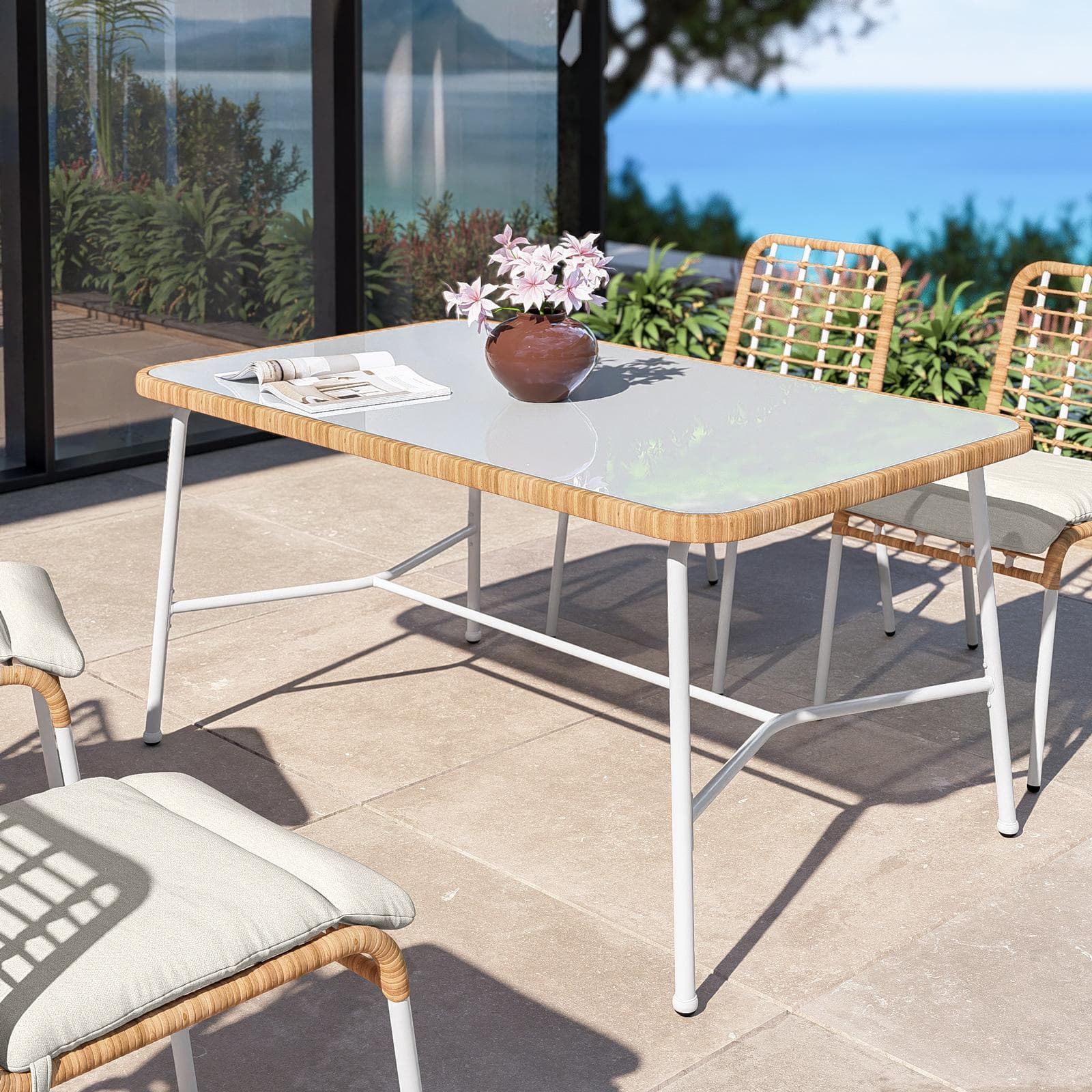 Set pranzo tavolo 150x90 cm e 4 sedie in acciaio bianco e polyrattan naturale - Griel