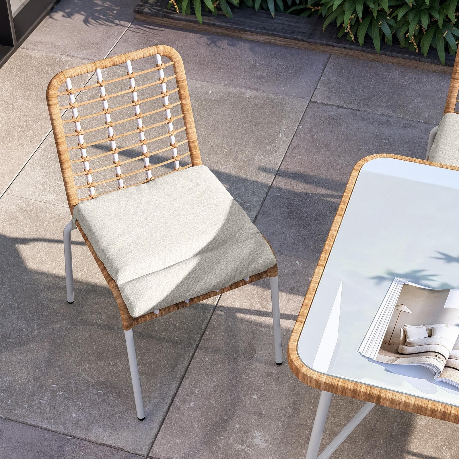 Set pranzo tavolo 150x90 cm e 4 sedie in acciaio bianco e polyrattan naturale - Griel