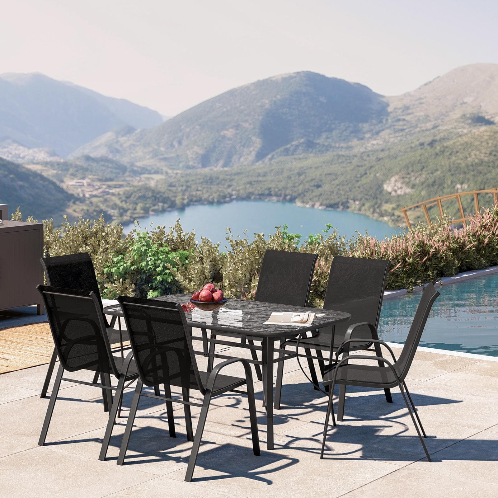 Set pranzo tavolo 150x90 cm top trasparente e 4 sedie con braccioli in acciaio e textilene antracite - Ninfa