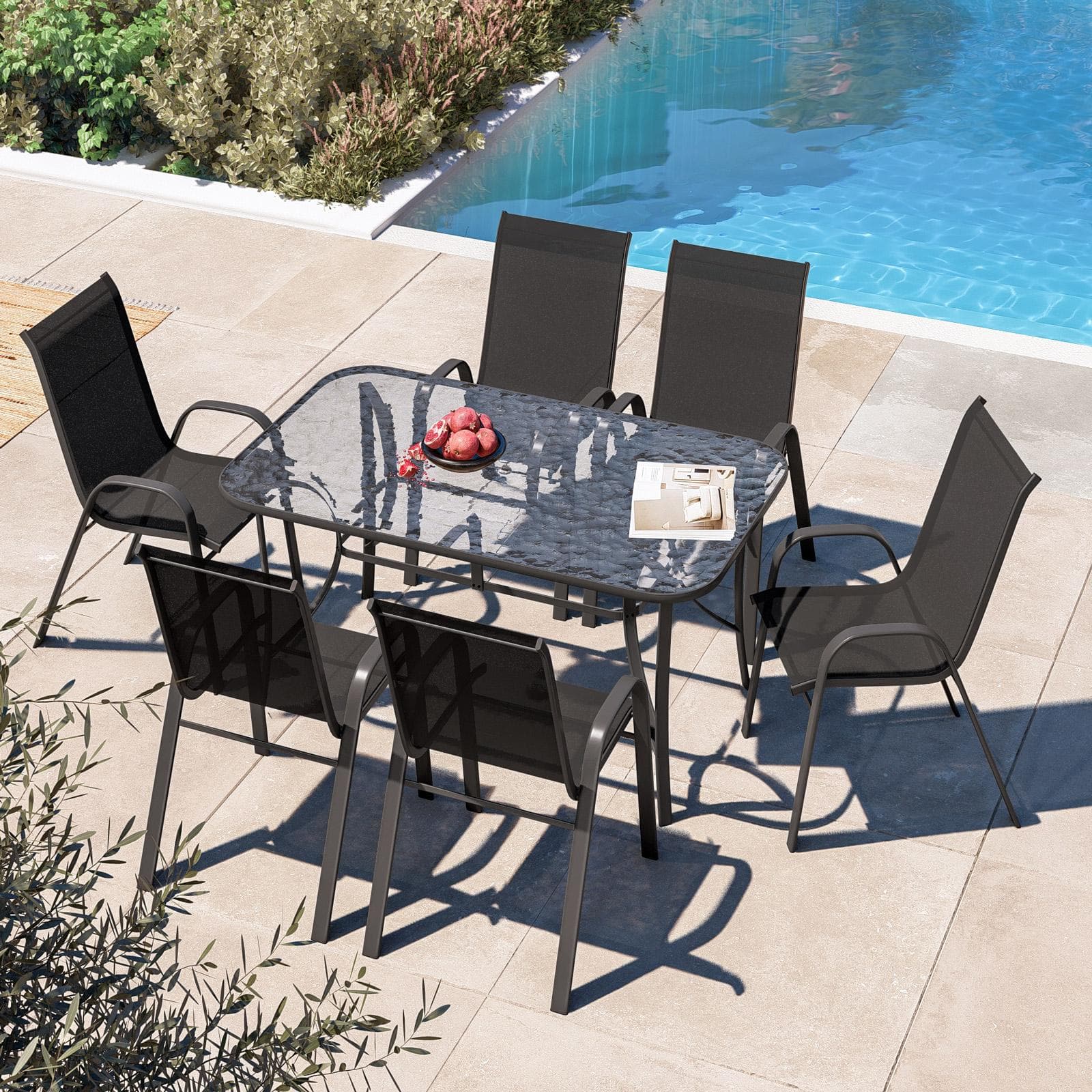 Set pranzo tavolo 150x90 cm top trasparente e 4 sedie con braccioli in acciaio e textilene antracite - Ninfa