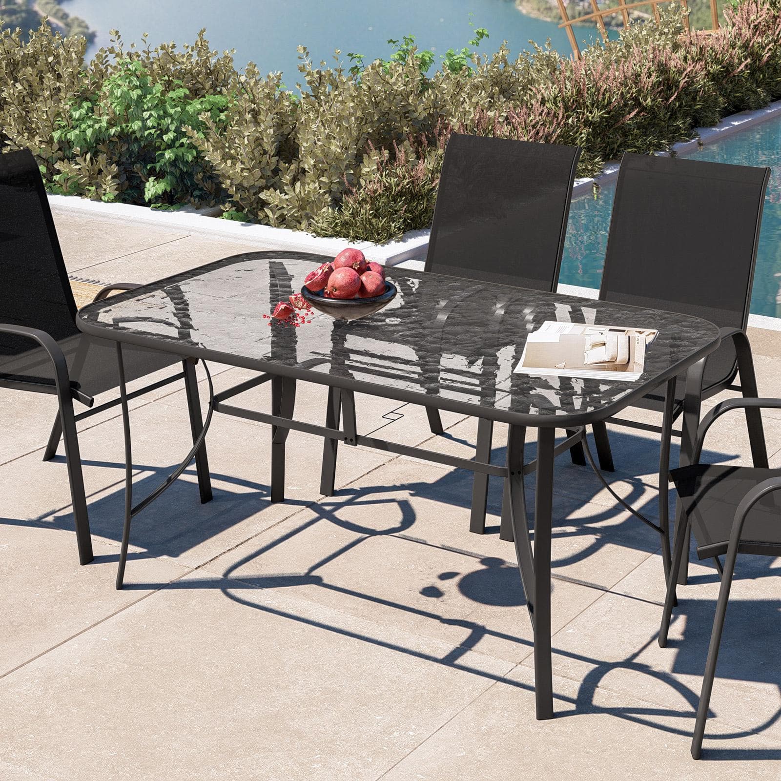 Set pranzo tavolo 150x90 cm top trasparente e 4 sedie con braccioli in acciaio e textilene antracite - Ninfa