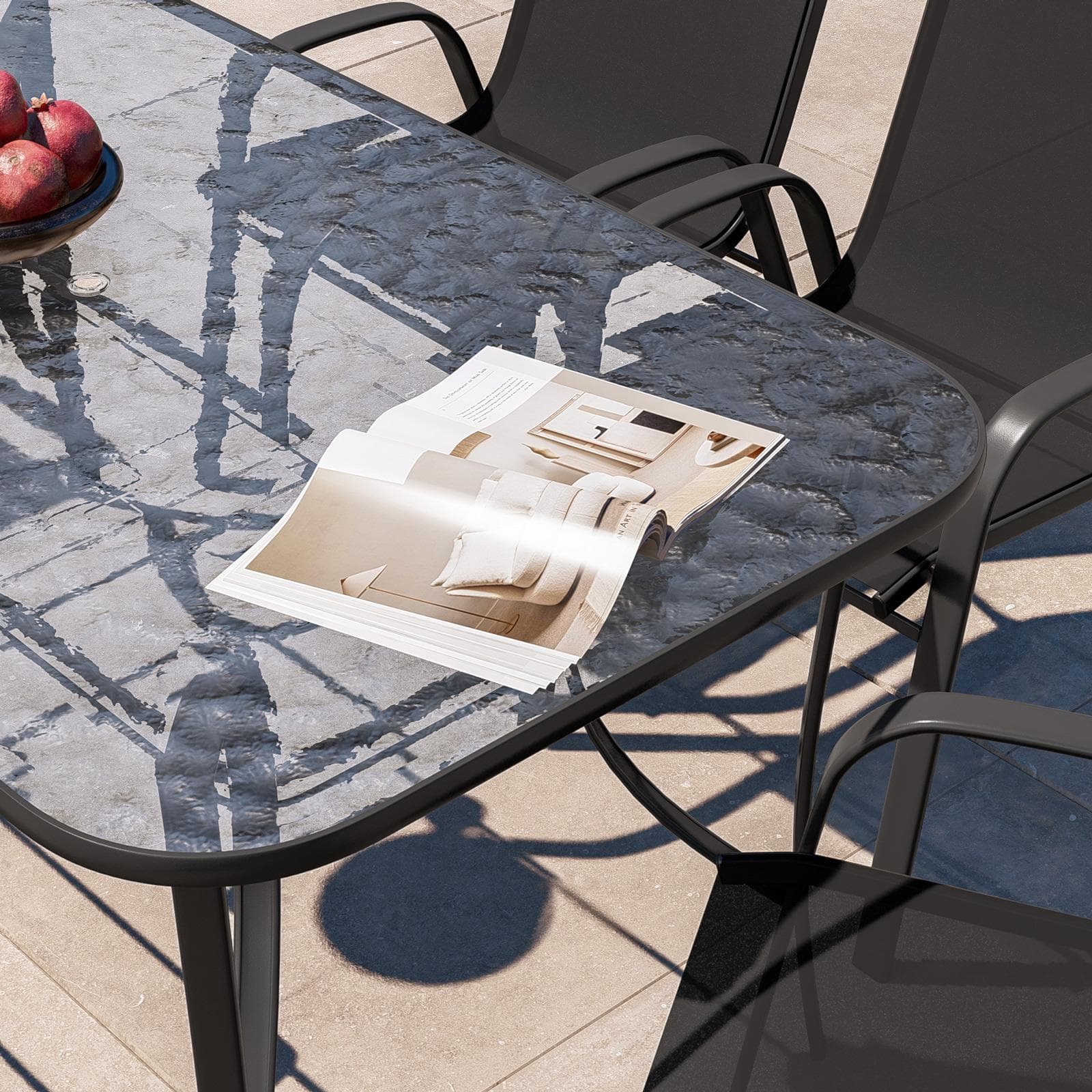 Set pranzo tavolo 150x90 cm top trasparente e 4 sedie con braccioli in acciaio e textilene antracite - Ninfa