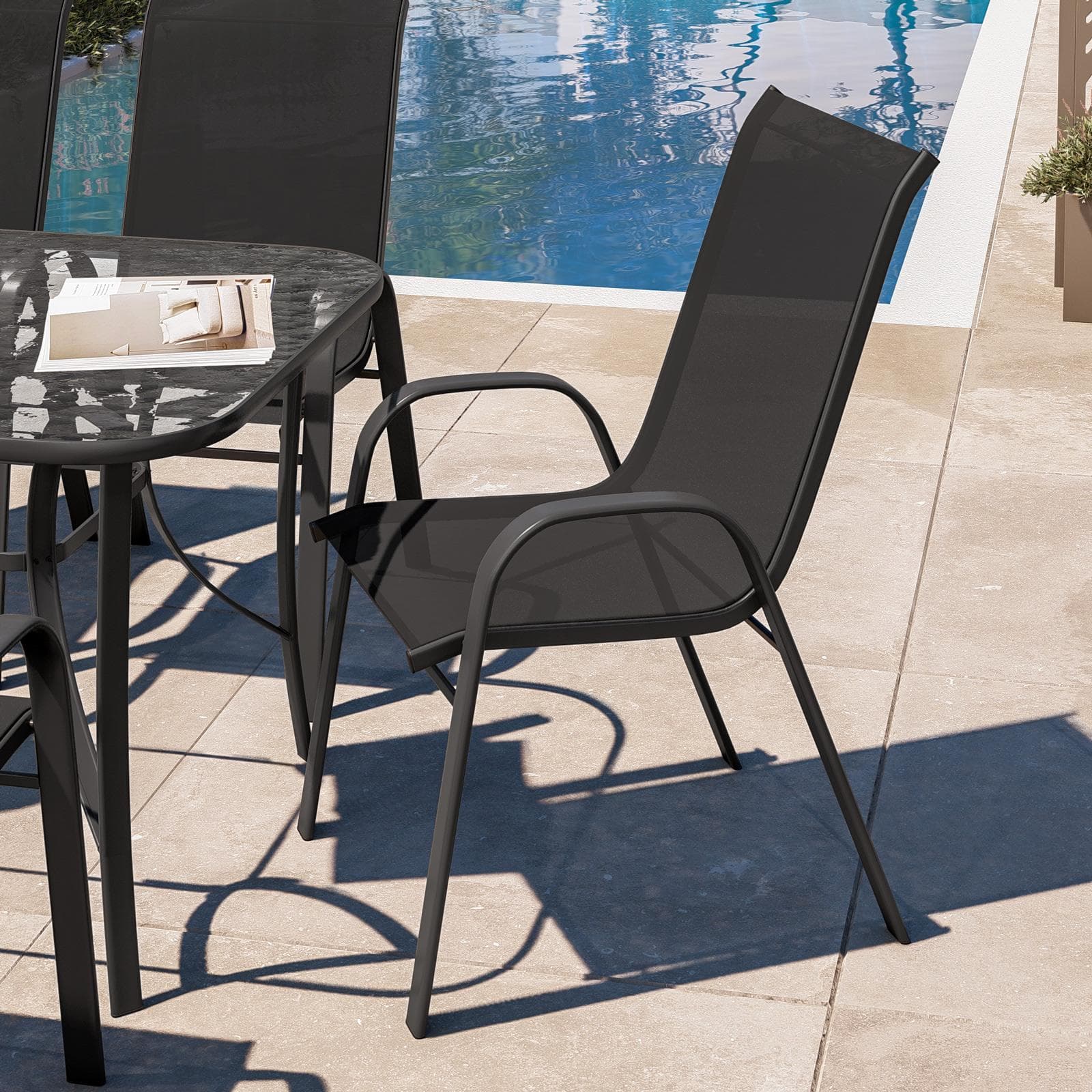 Set pranzo tavolo 150x90 cm top trasparente e 4 sedie con braccioli in acciaio e textilene antracite - Ninfa