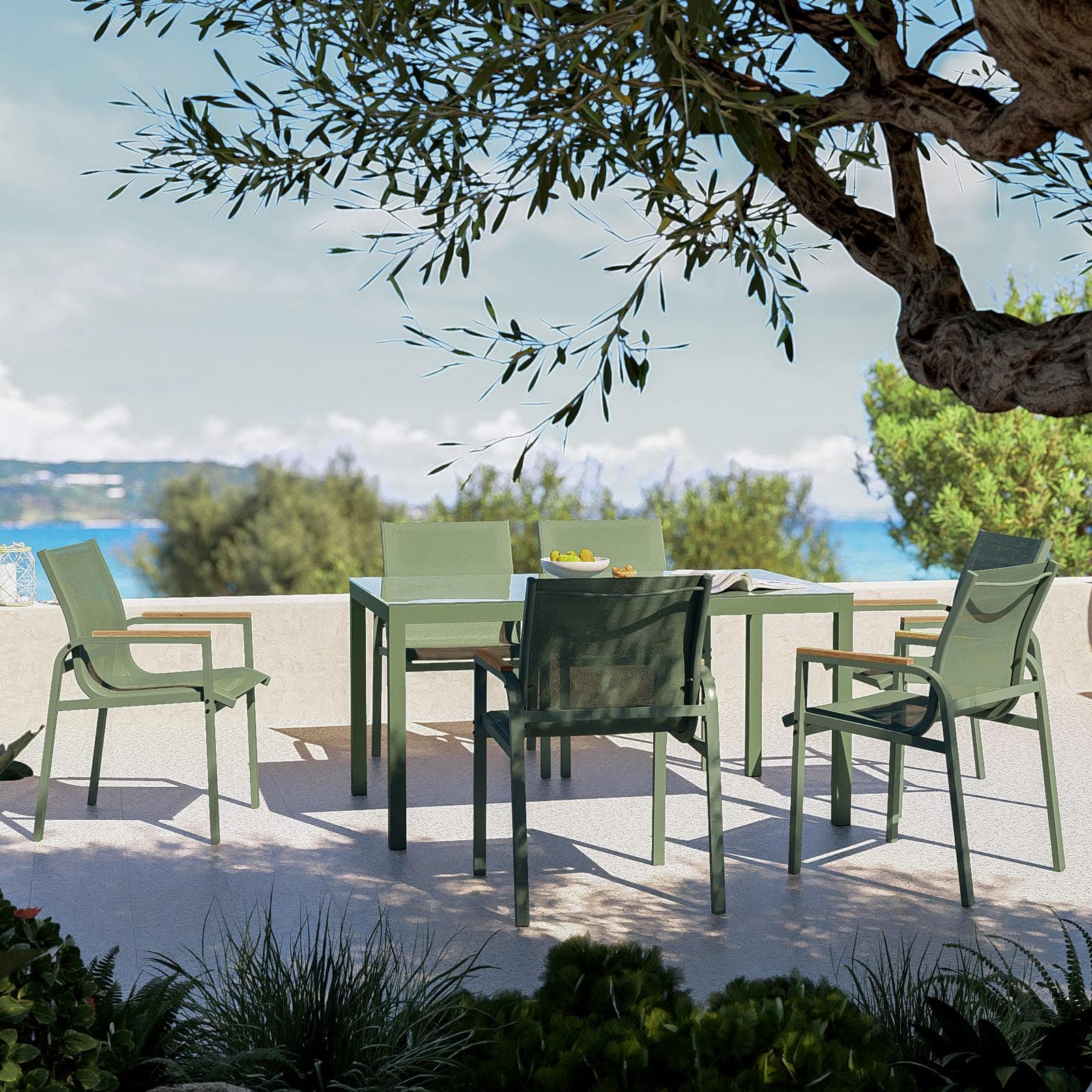Set pranzo tavolo 150x90 cm top vetro temperato e 6 sedie con braccioli in acciaio verde oliva - Tamika
