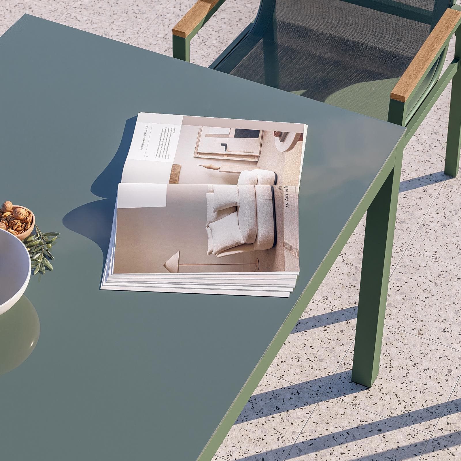 Set pranzo tavolo 150x90 cm top vetro temperato e 6 sedie con braccioli in acciaio verde oliva - Tamika