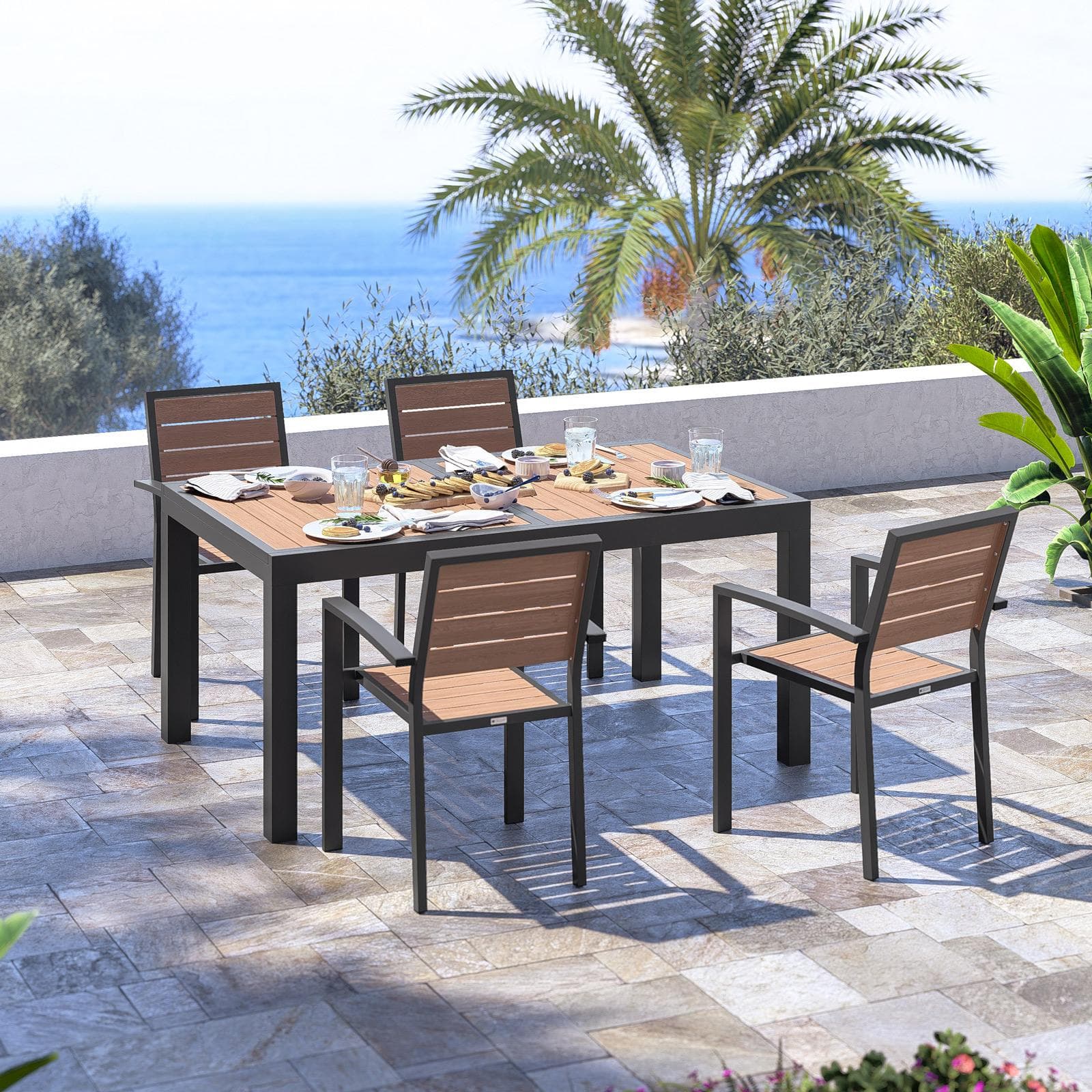 Set pranzo tavolo 160/240x100 cm top effetto legno miele e 4 sedie con braccioli in alluminio antracite - Carioca Wood