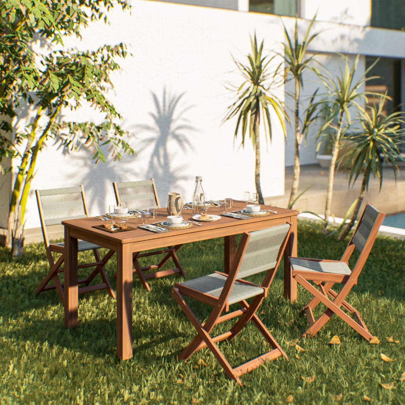 Set pranzo tavolo 160x80 cm e 4 sedie pieghevoli in legno di acacia e corda tortora - Yadira