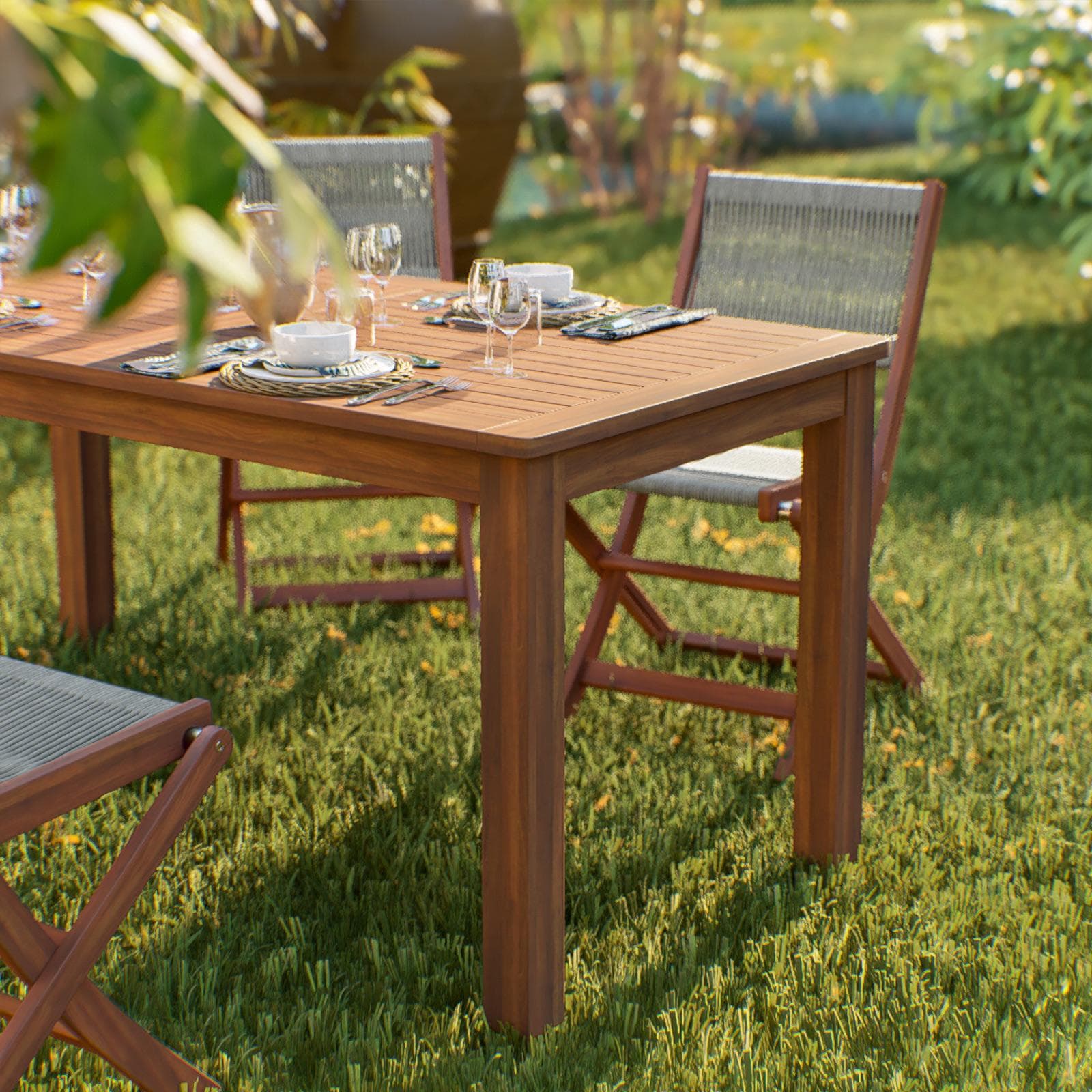 Set pranzo tavolo 160x80 cm e 4 sedie pieghevoli in legno di acacia e corda tortora - Yadira