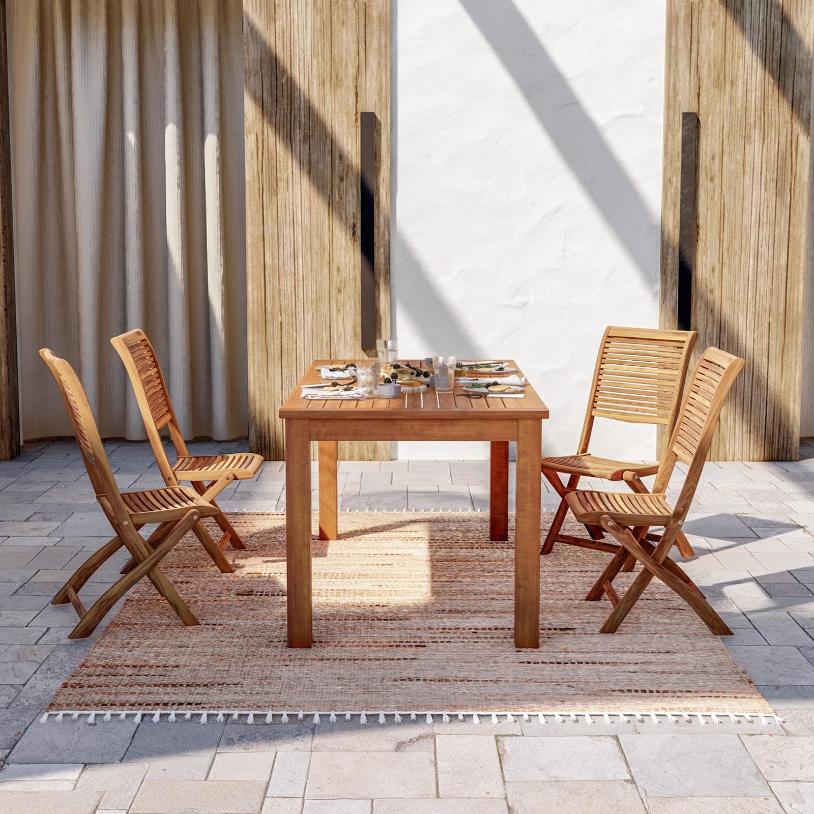Set pranzo con tavolo 160x80 cm con 4 sedie pieghevoli in legno di acacia - Paja