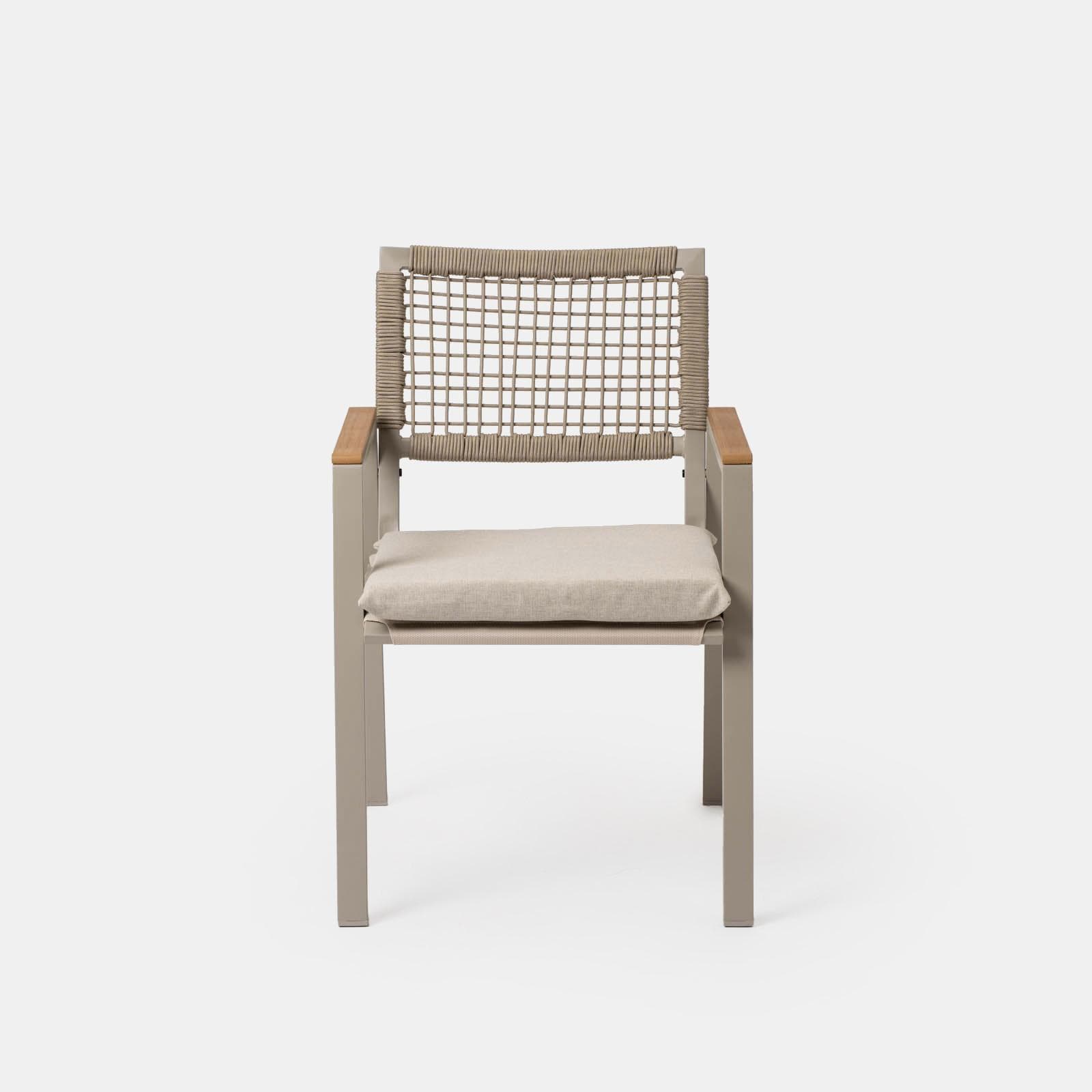Set pranzo tavolo 180x90 cm top effetto legno e 6 sedie con braccioli in metallo tortora - Ibisco