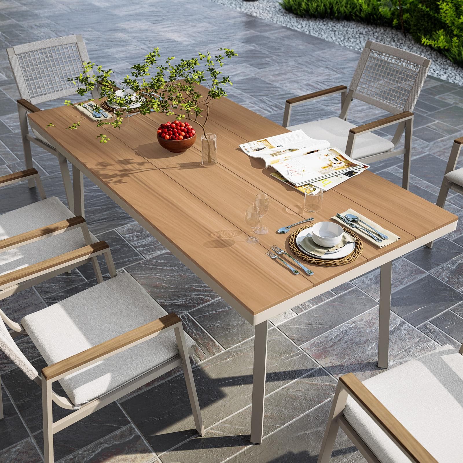 Set pranzo tavolo 180x90 cm top effetto legno e 6 sedie con braccioli in metallo tortora - Ibisco