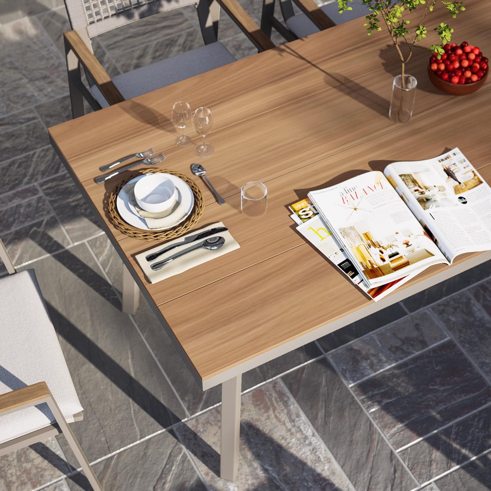 Set pranzo tavolo 180x90 cm top effetto legno e 6 sedie con braccioli in metallo tortora - Ibisco