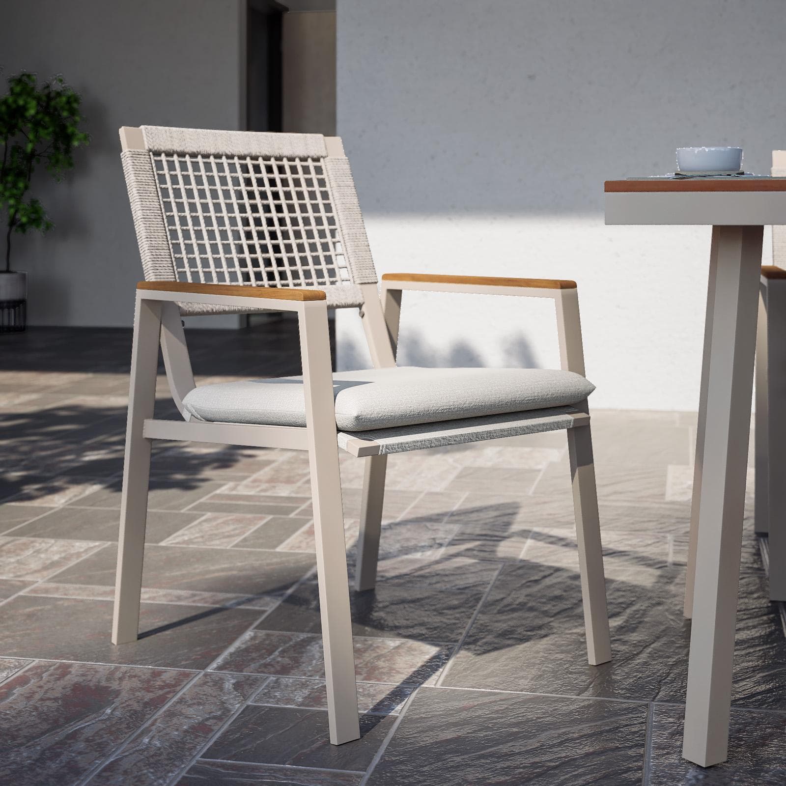 Set pranzo tavolo 180x90 cm top effetto legno e 6 sedie con braccioli in metallo tortora - Ibisco