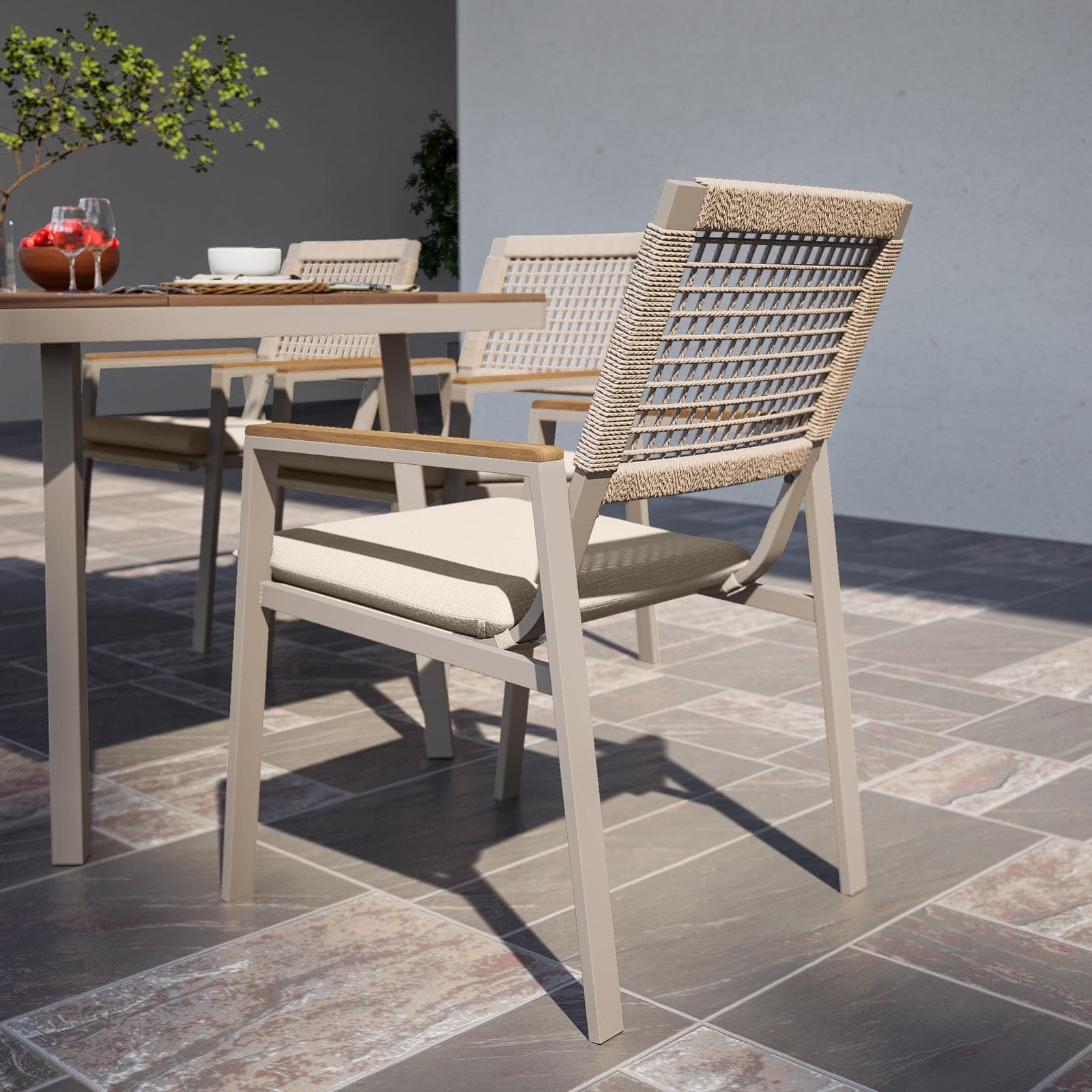 Set pranzo tavolo 180x90 cm top effetto legno e 6 sedie con braccioli in metallo tortora - Ibisco