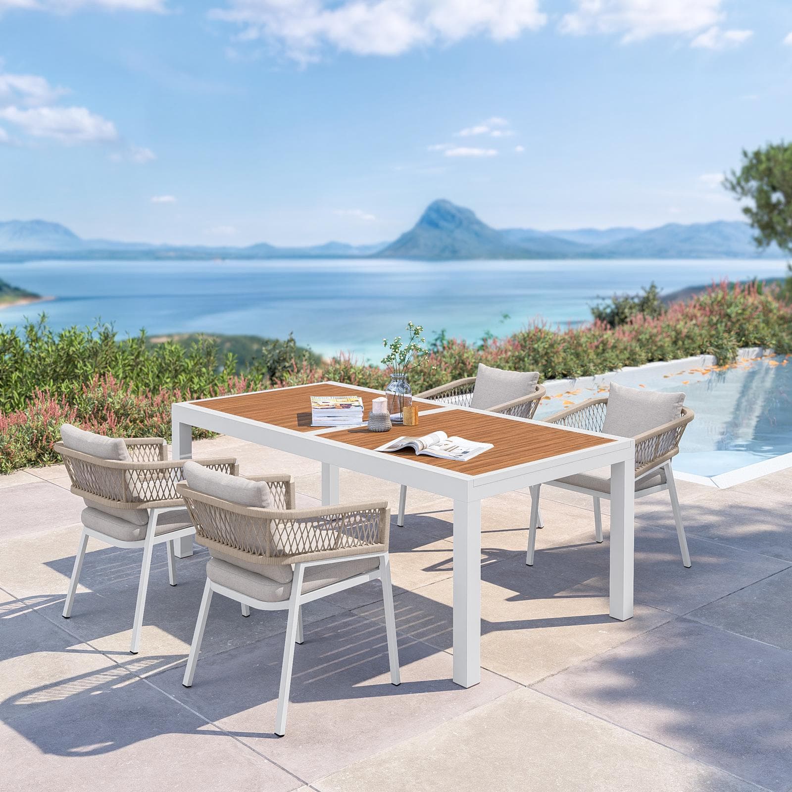 Set pranzo tavolo 200/300x100 cm top caramello e 6 sedie in alluminio bianco e corda tortora - Clerc