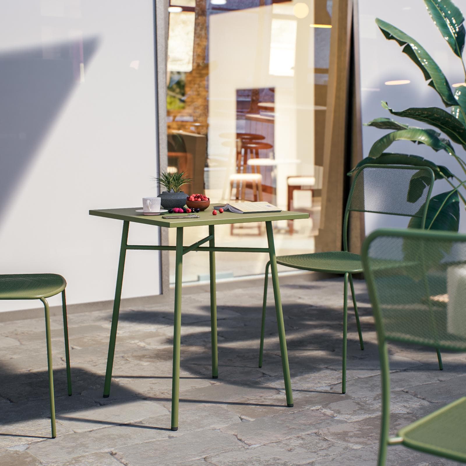 Set bistrot tavolo 60x60 cm e 2 sedie in acciaio verde oliva - Faber