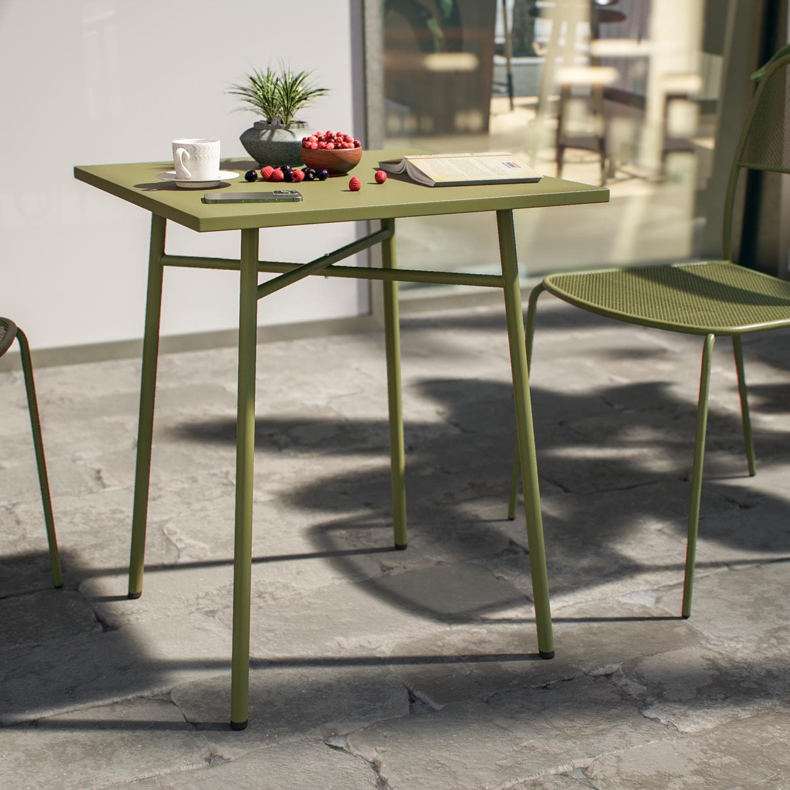 Set bistrot tavolo 60x60 cm e 2 sedie in acciaio verde oliva - Faber