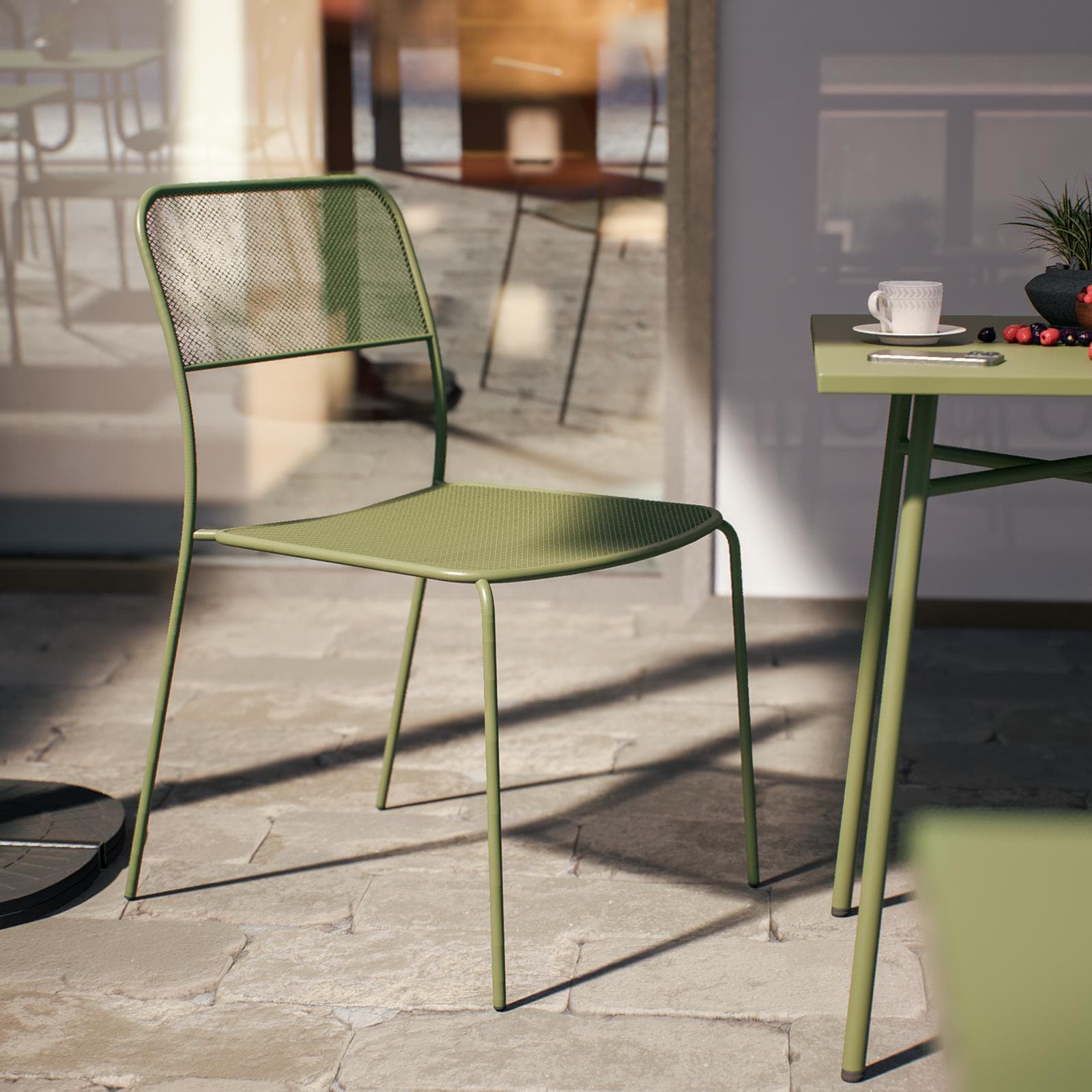 Set bistrot tavolo 60x60 cm e 2 sedie in acciaio verde oliva - Faber