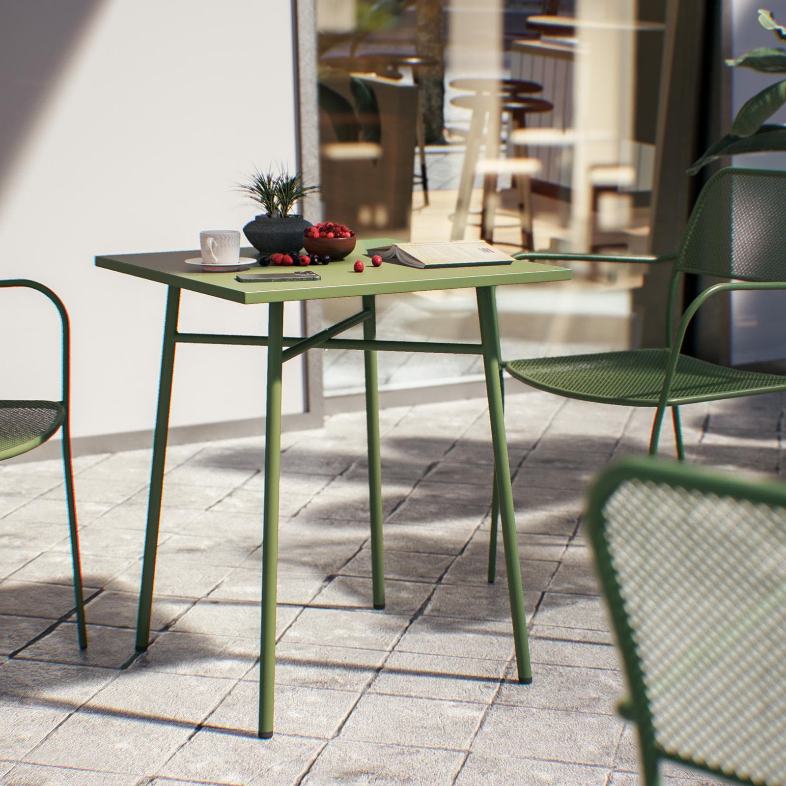 Set bistrot tavolo 60x60 e 2 sedie con braccioli in acciaio verde oliva - Faber