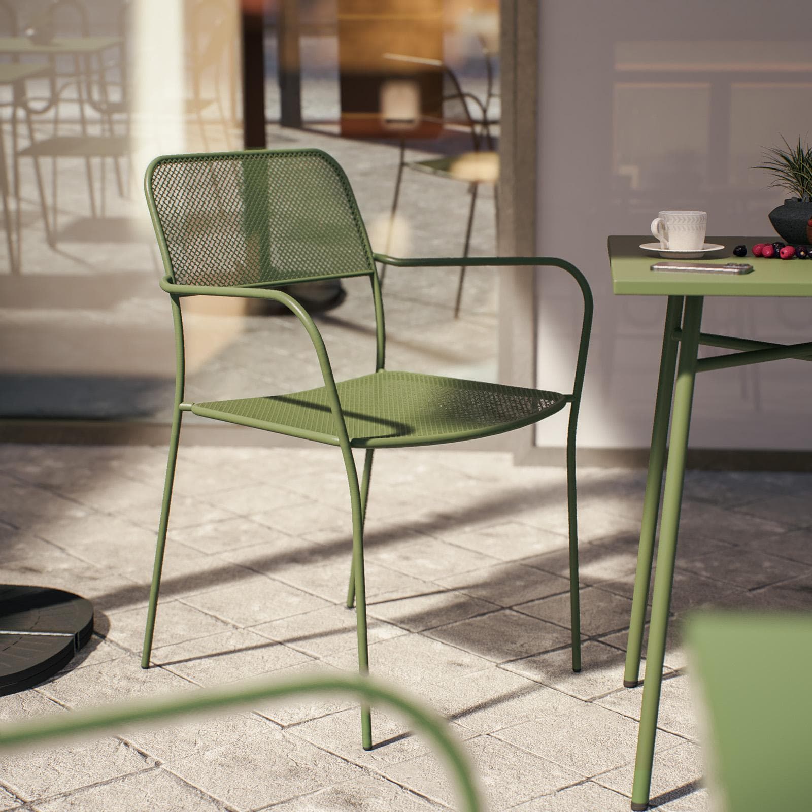 Set bistrot tavolo 60x60 e 2 sedie con braccioli in acciaio verde oliva - Faber
