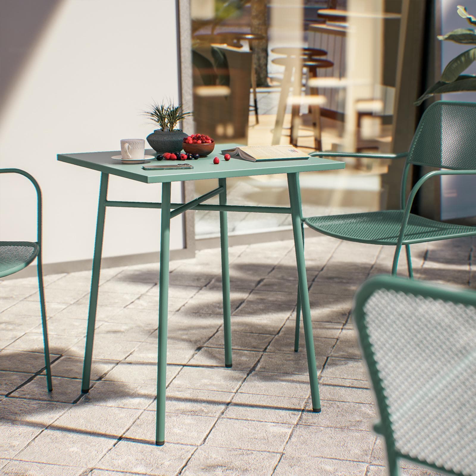 Set bistrot tavolo 60x60 e 2 sedie con braccioli in acciaio verde marino - Faber