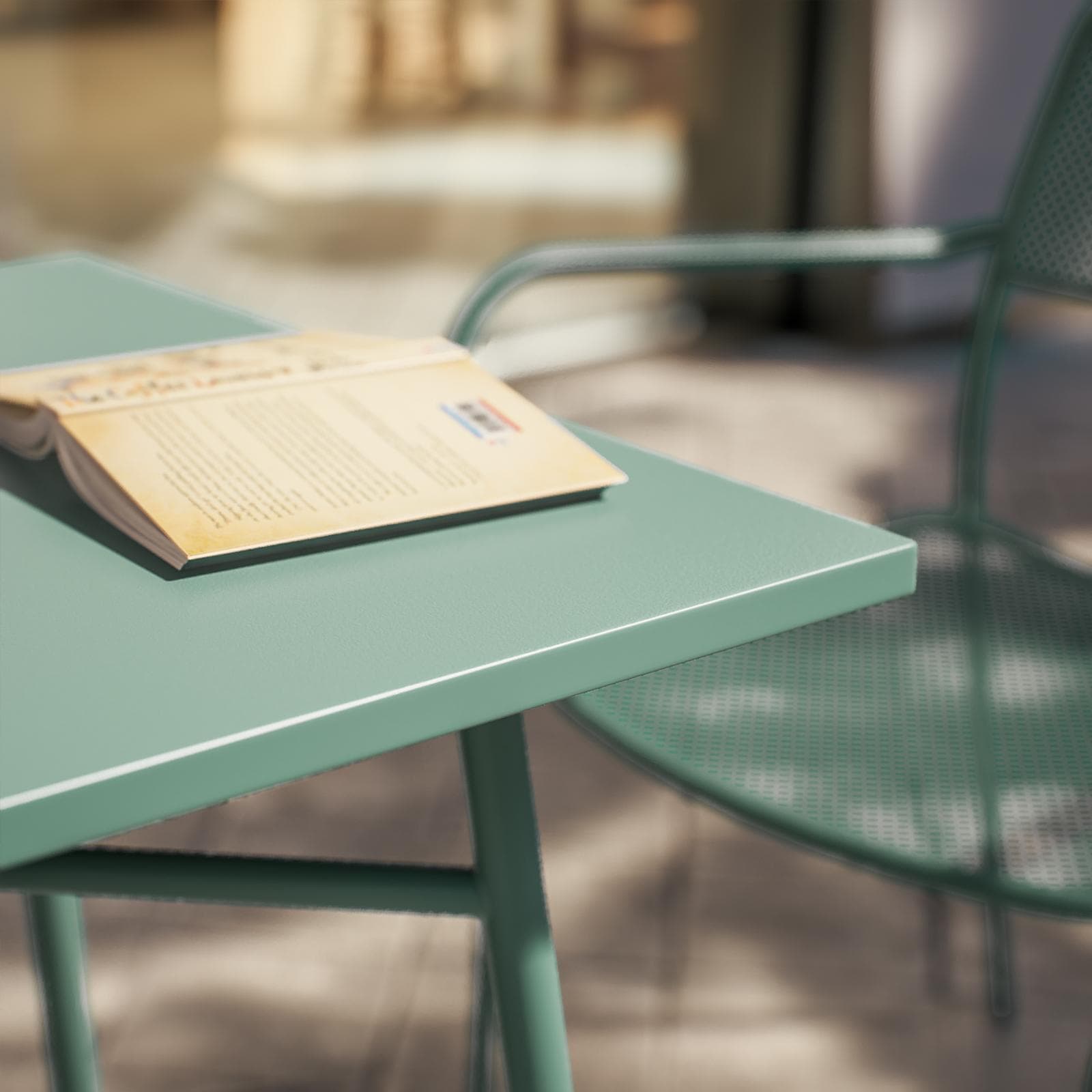 Set bistrot tavolo 60x60 e 2 sedie con braccioli in acciaio verde marino - Faber